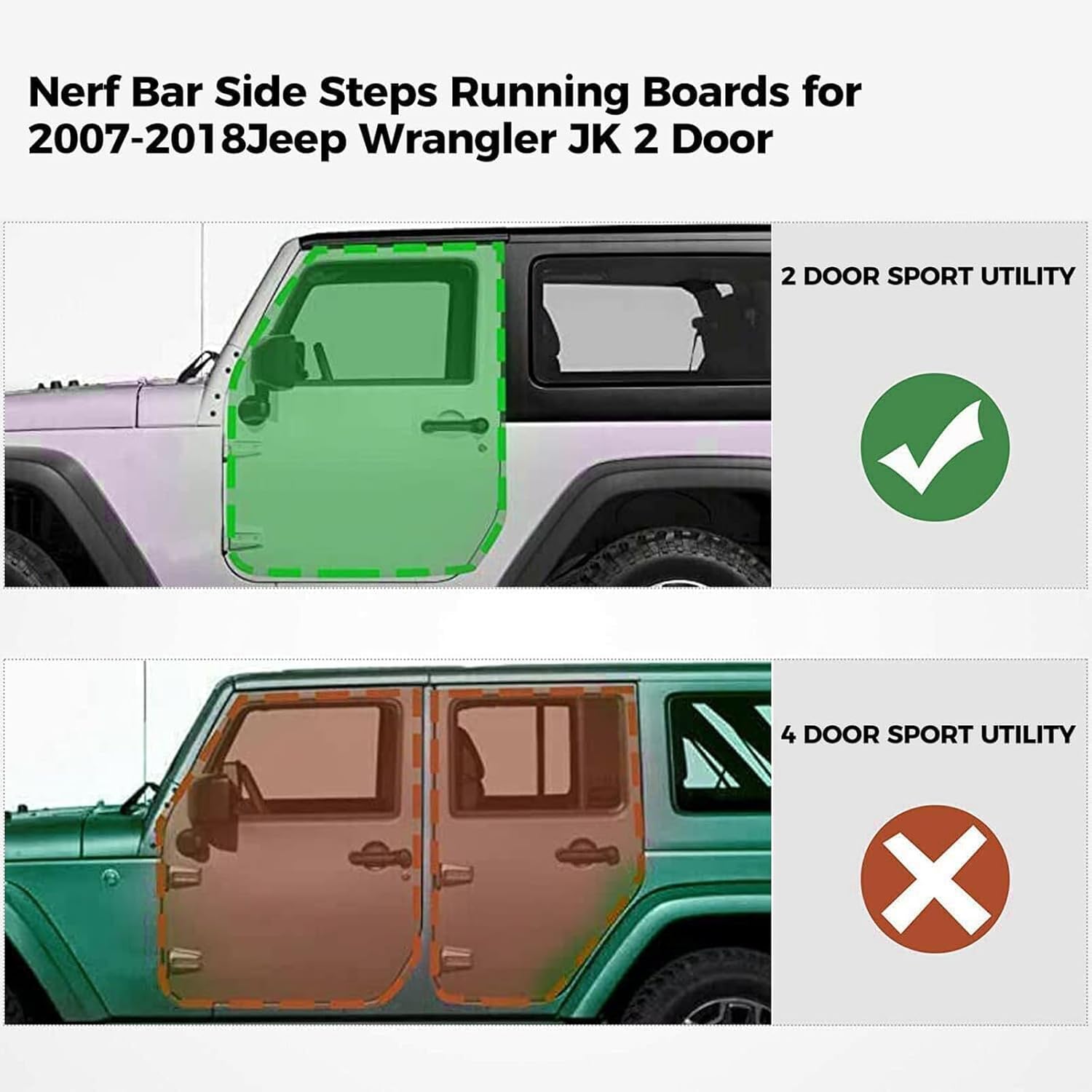 HECASA Estribos laterales compatibles con Jeep Wrangler JK 2007-2018 de 2 puertas, 550 libras, capacidad de 52.6 pulgadas, barras Nerf de acero