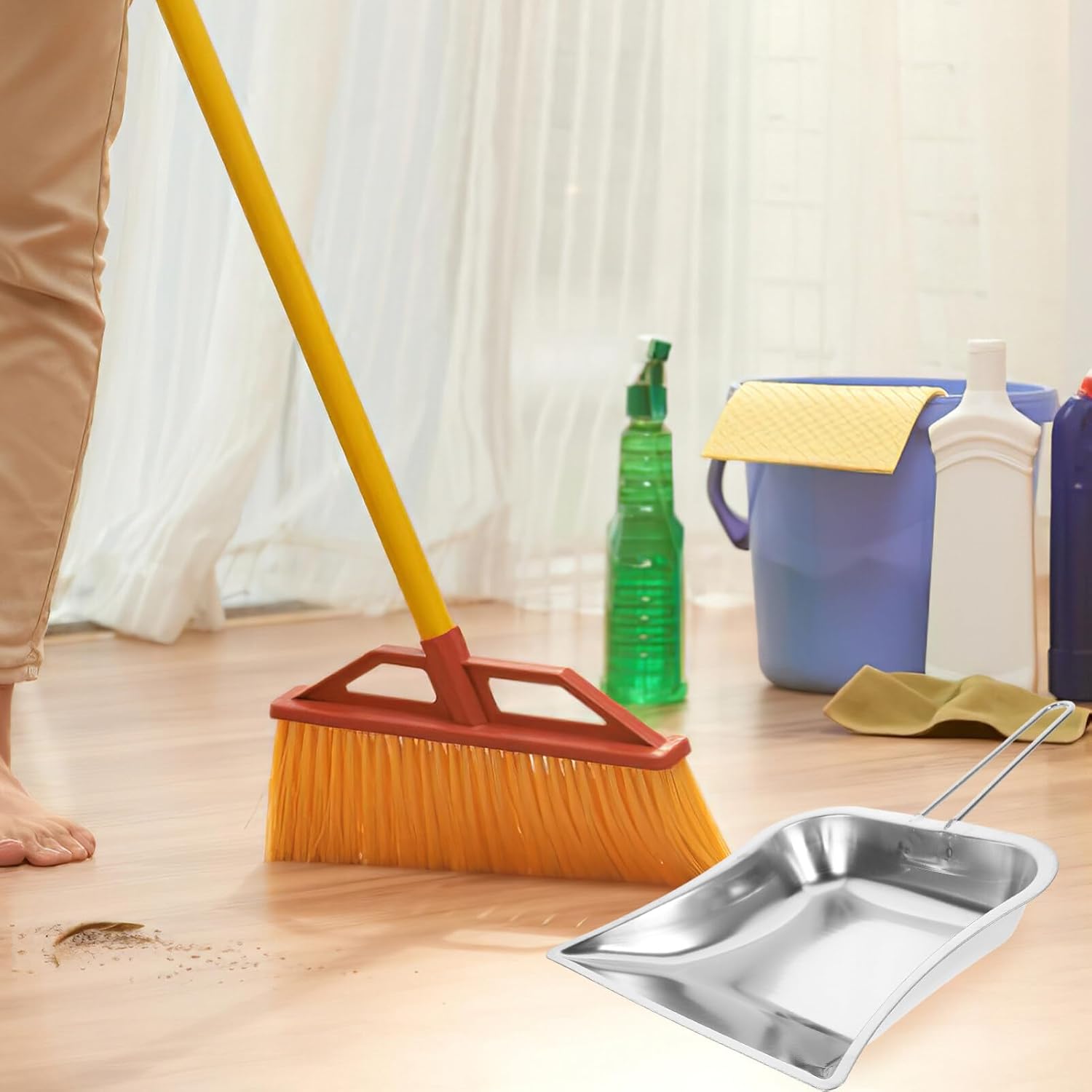 GLEAVI Sartén de metal resistente  Sartén de acero inoxidable con asa, pala de basura de mano, borde de precisión, pequeño recogedor para el hogar,