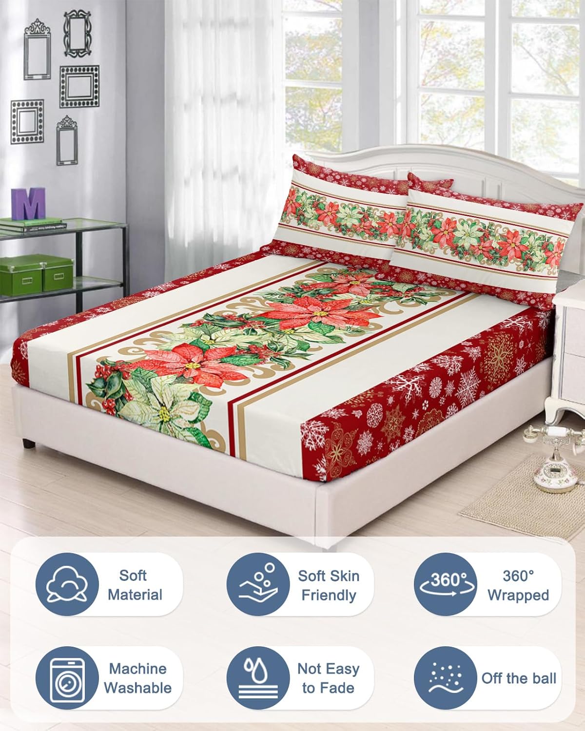 Christmas Winter Poinsettia Flower Fitted Bed Sheets California King Size Fit 5-16inch Deep Pockets,Bottom Sheet Bedding Set with Pillow Case,White