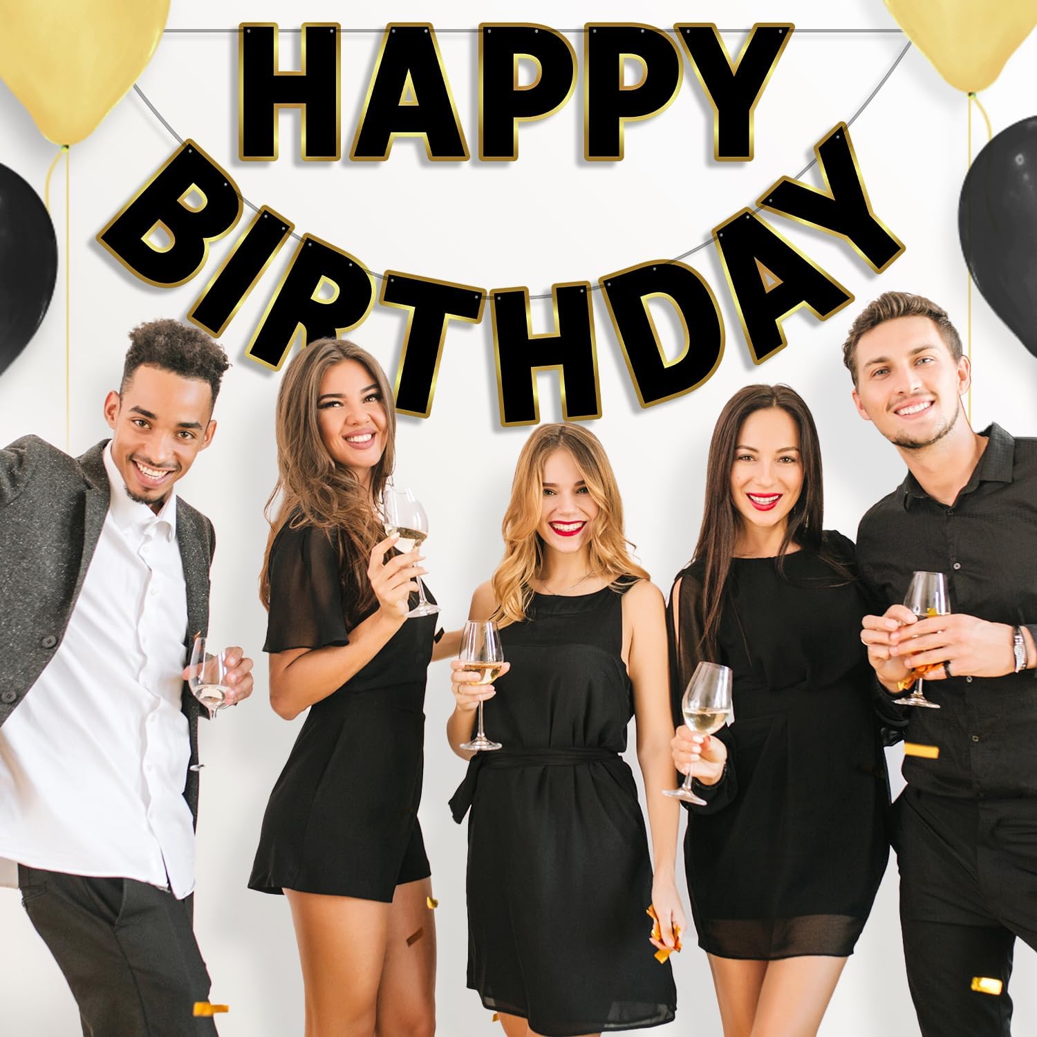 Cartel de feliz cumpleaños negro y dorado, preencordado, de 9 pies, sin bricolaje, decoraciones de cumpleaños, letrero de feliz cumpleaños para