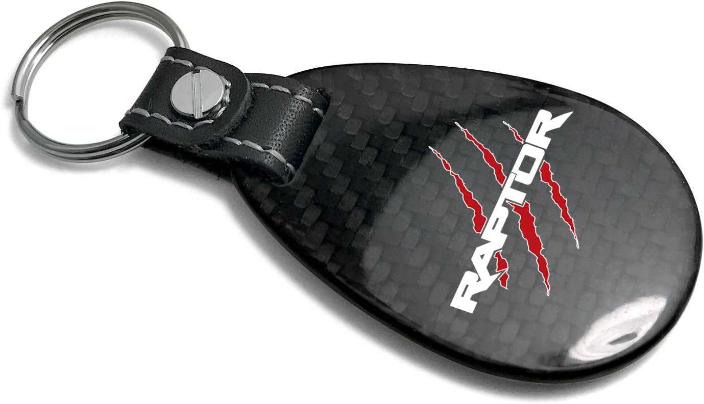 Compatible con marcas de garra Ford F-150 Raptor, fibra de carbono negra real con correa de cuero, llavero grande de lágrima