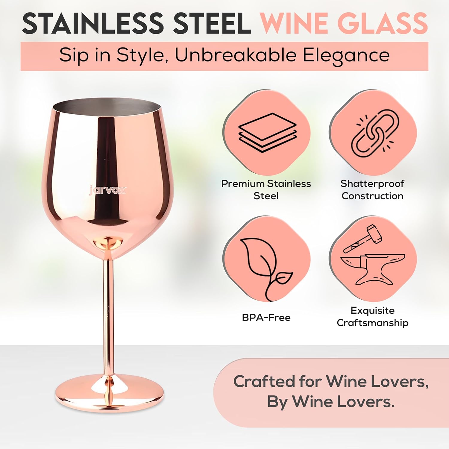 Copa de vino de acero inoxidable – Juego de 1 – plateado, oro, oro rosa, negro – 16.9 fl oz (oro rosa)