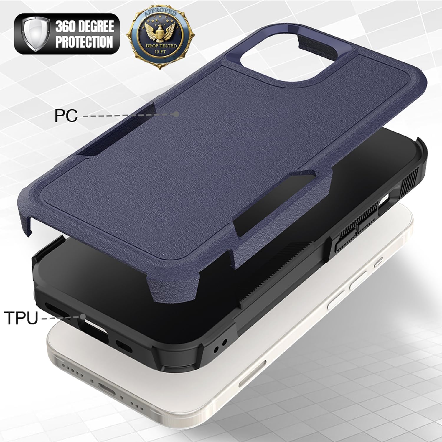 Grado militar Funda compatible con iPhone 15, probada en caídas de 15 pies, funda protectora, azul, delgada y resistente, apta para bolsillos