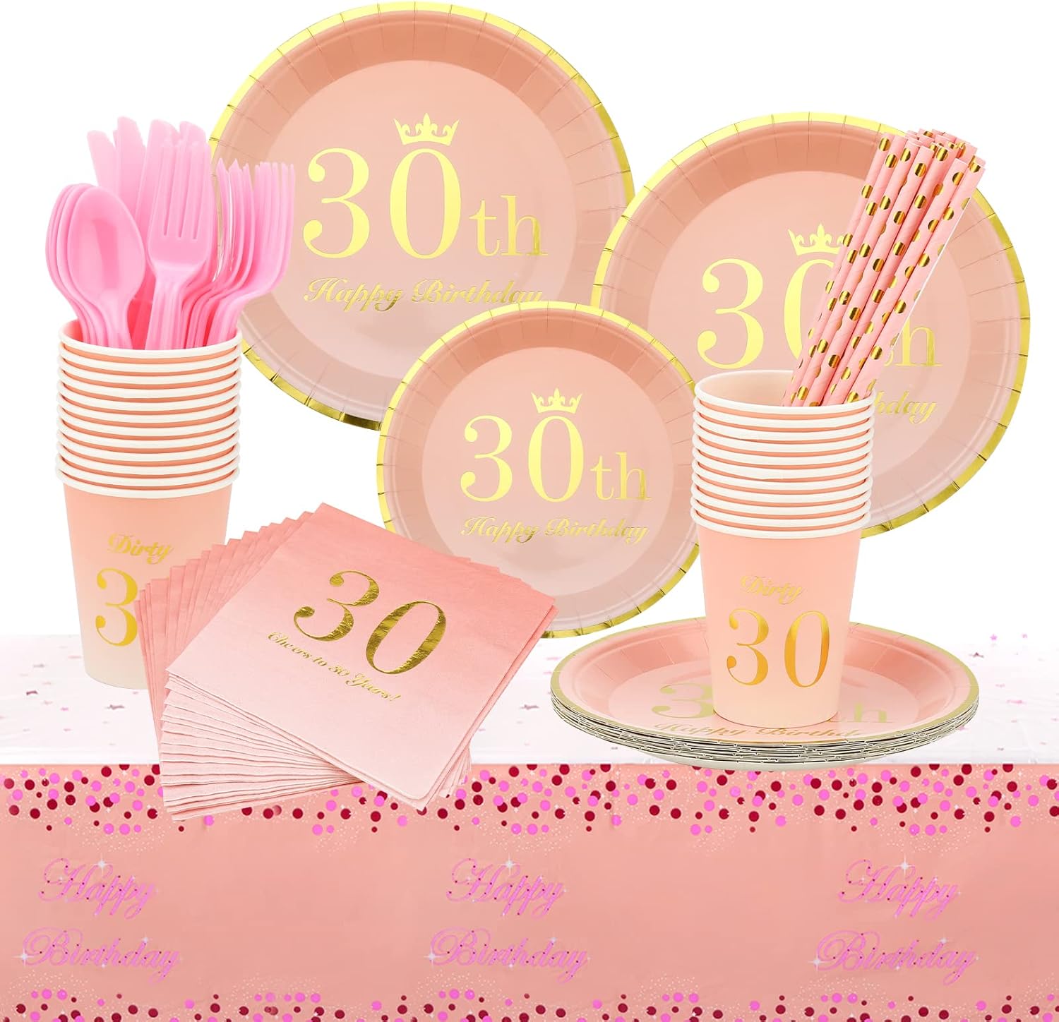 Decoraciones de cumpleaños número 30 para mujer  Total de 194 piezas de vajilla desechable para 24 invitados, incluye platos de papel de 9 pulgadas,
