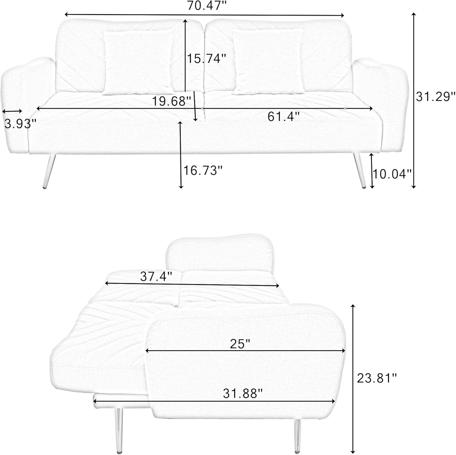 Sofá biplaza verde de 70 pulgadas, sofá cama moderno de mediados de siglo con respaldo dividido y dos almohadas, sofá cama convertible para sala de
