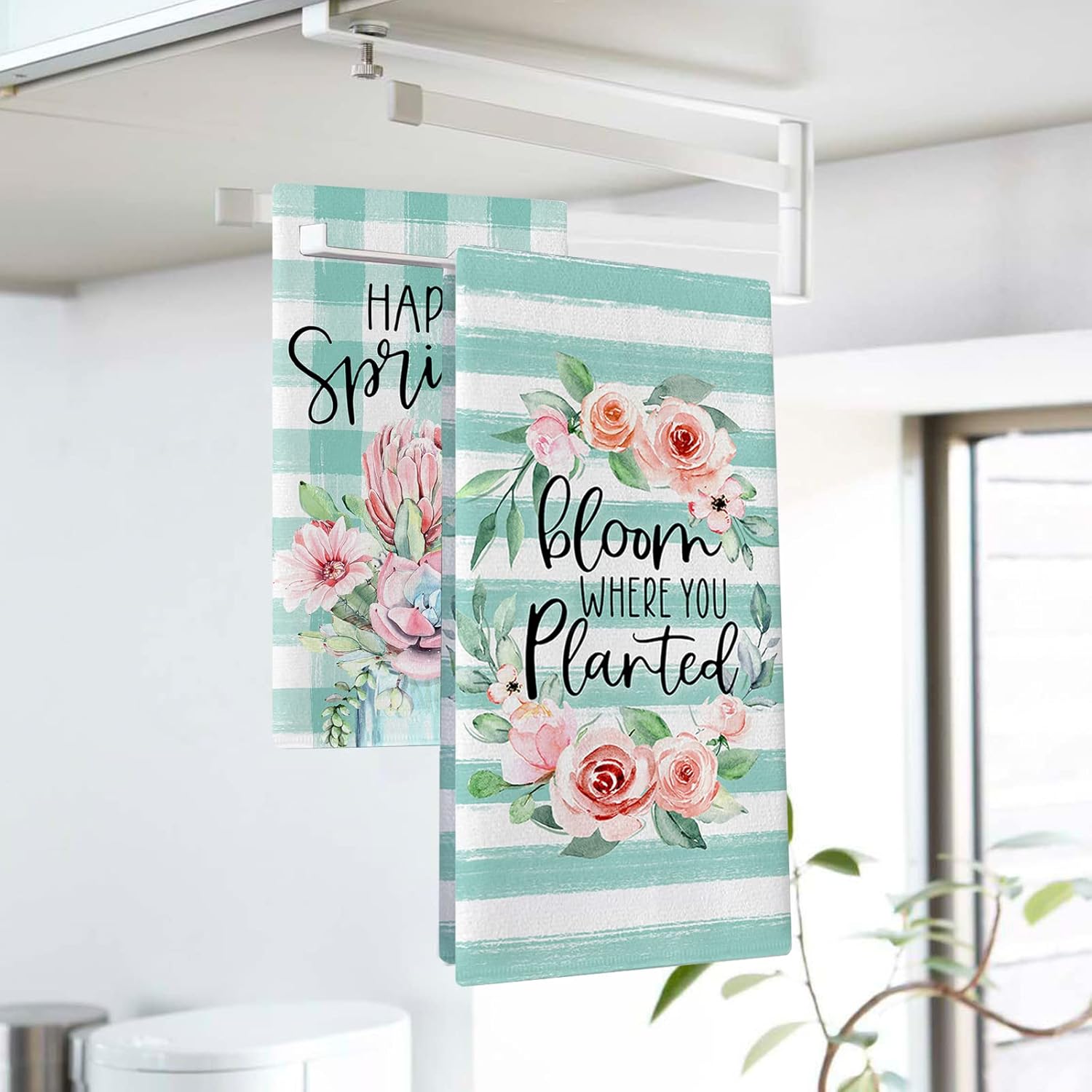 Seliem Happy Spring – Juego de 2 toallas de cocina con diseño de cactus y flores suculentas, guirnalda de rosas, color verde menta, búfalo a rayas,