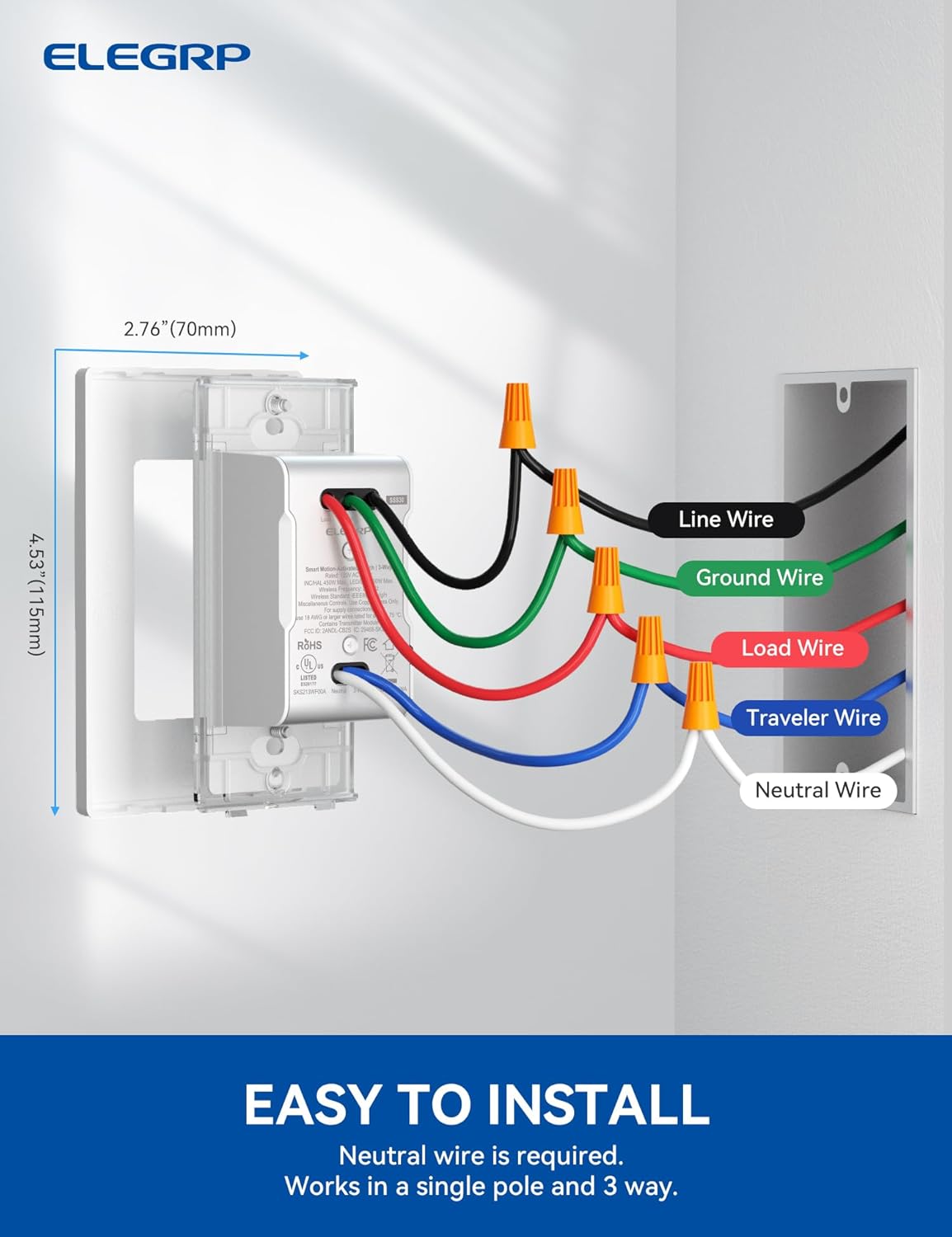 ELEGRP Interruptor inteligente con sensor de movimiento, interruptor de luz Wi-Fi de 3 vías de 2.4 GHz, compatible con Alexa y Google Assistant,