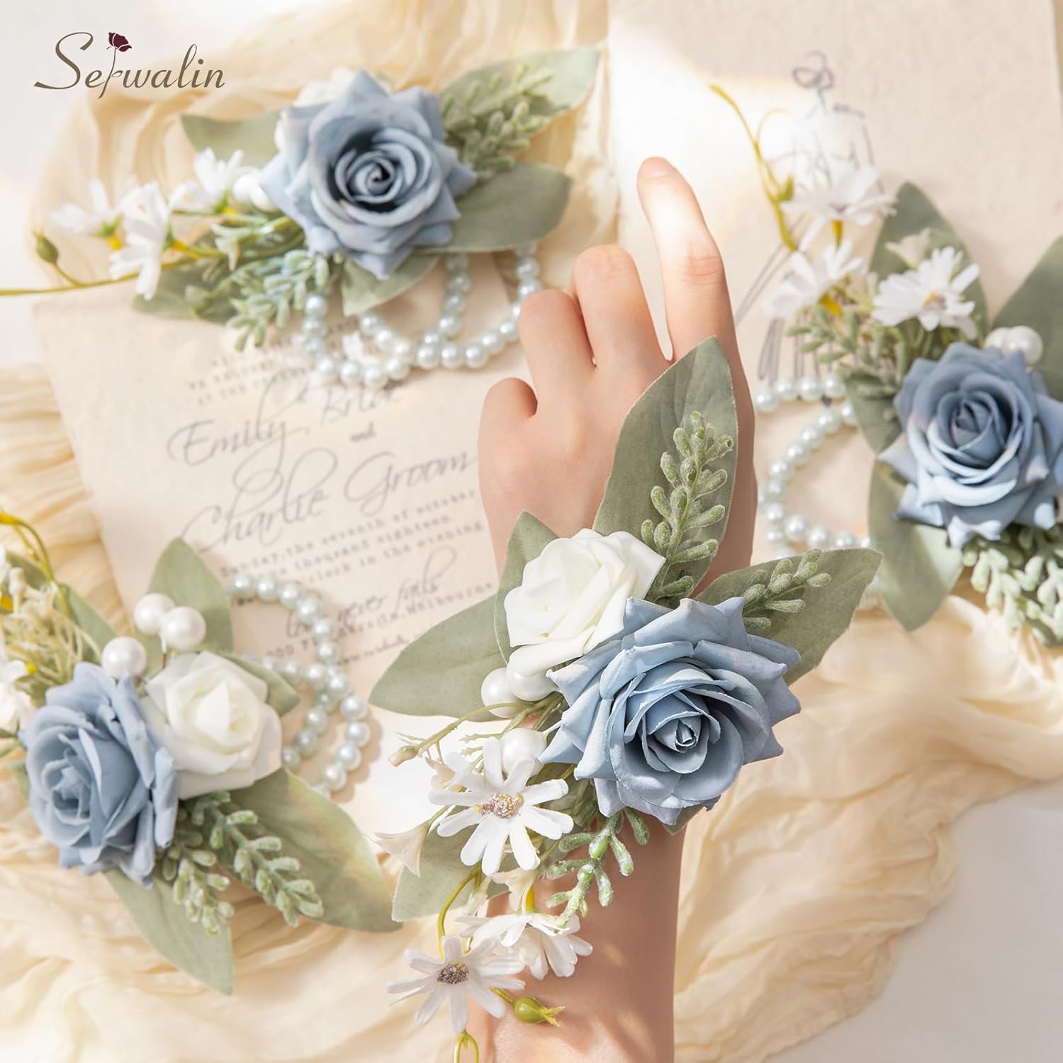 Serwalin Ramos de flores artificiales de 9.8 pulgadas y ramillete de muñeca para novia, ramo de novia para ceremonia de boda, aniversario,