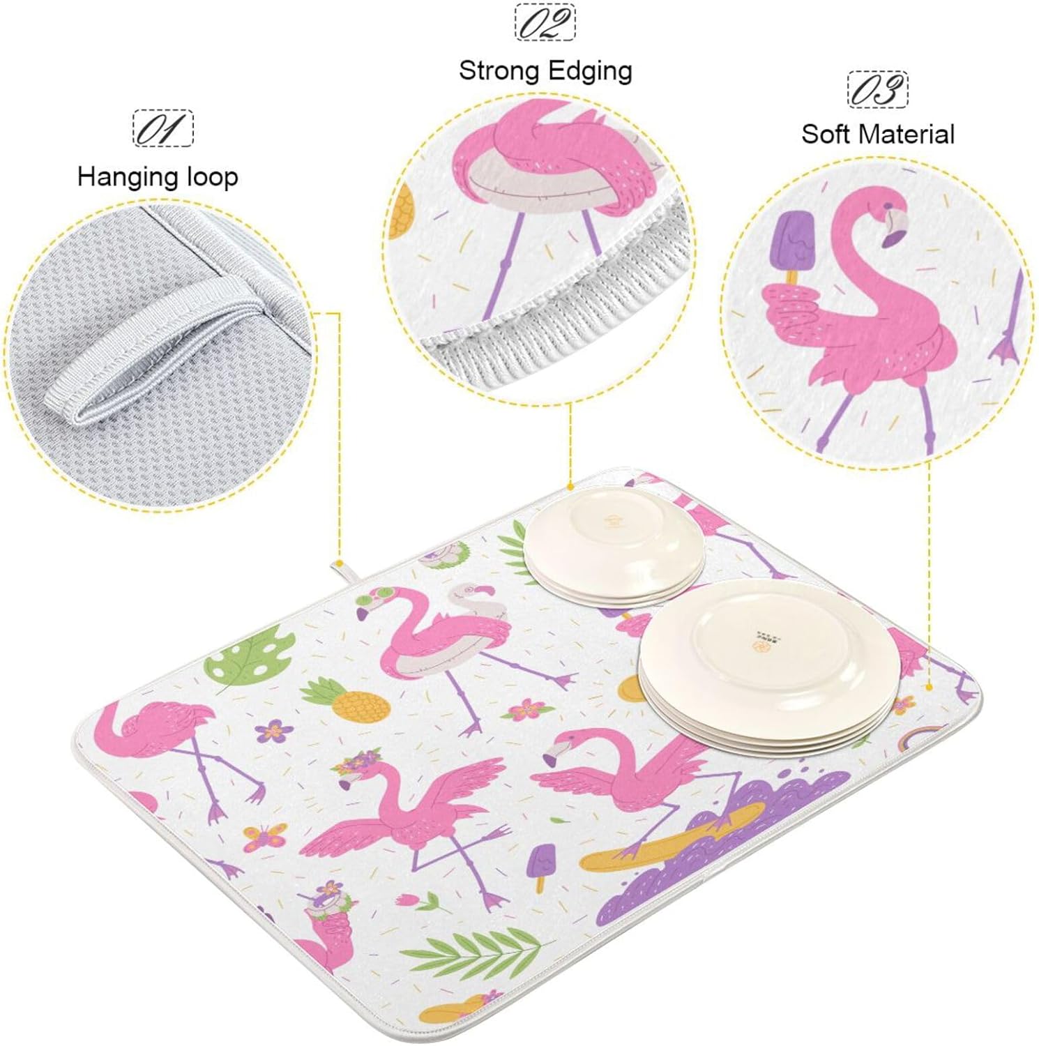 Alfombrilla de secado de platos Pink Flamingos para encimera de cocina, 18 x 24 pulgadas, almohadilla de secado ultra absorbente, accesorios de
