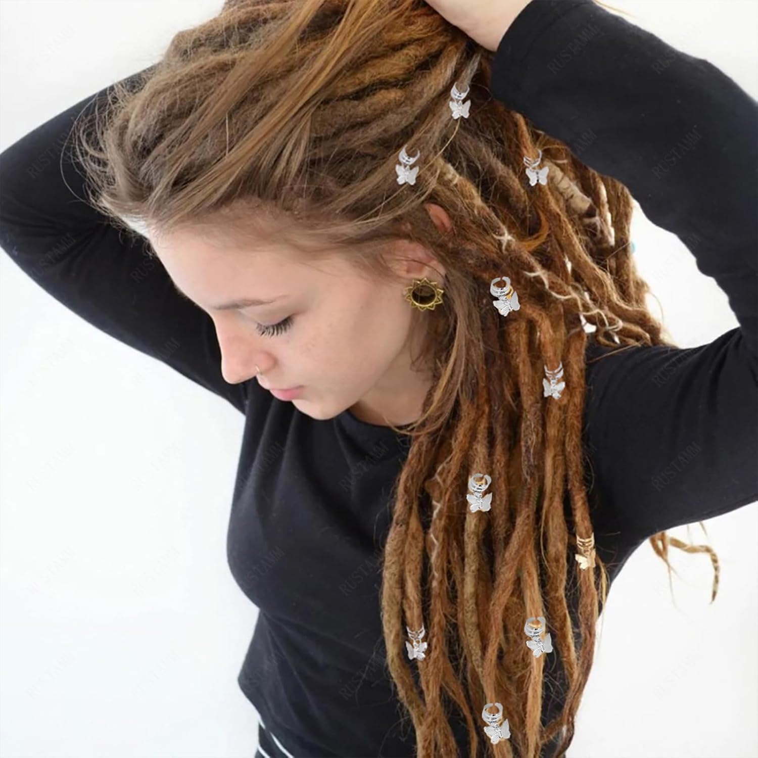 20 piezas de pulseras de mariposa plateadas para el cabello, cuentas de rasta, colgantes de metal ajustables, clips de trenzas, accesorios para el