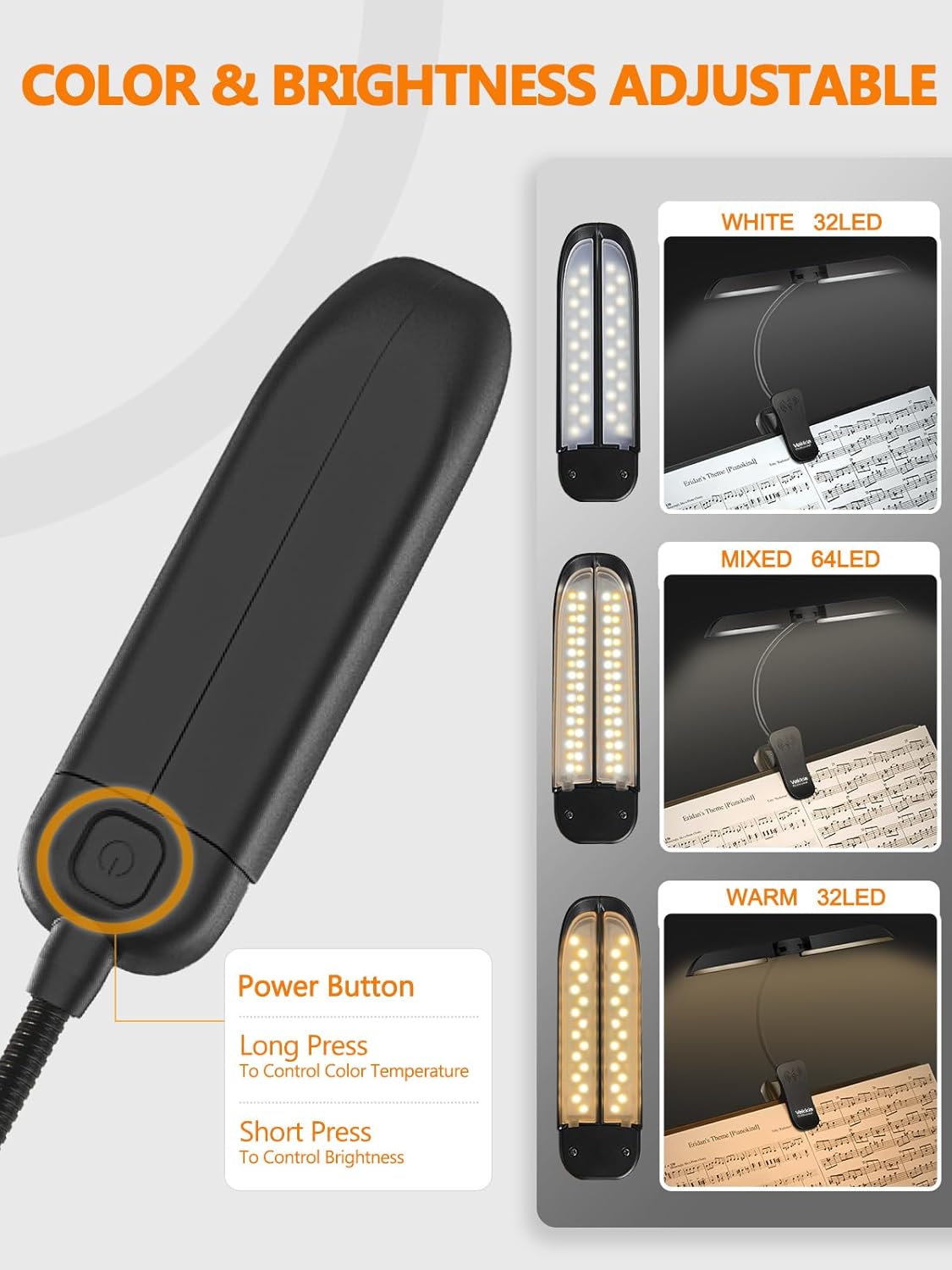 Vekkia Luz de soporte de música súper brillante de 64 LED, lámpara plegable recargable con clip, portátil profesional de 5 brillos × 3 temperatura