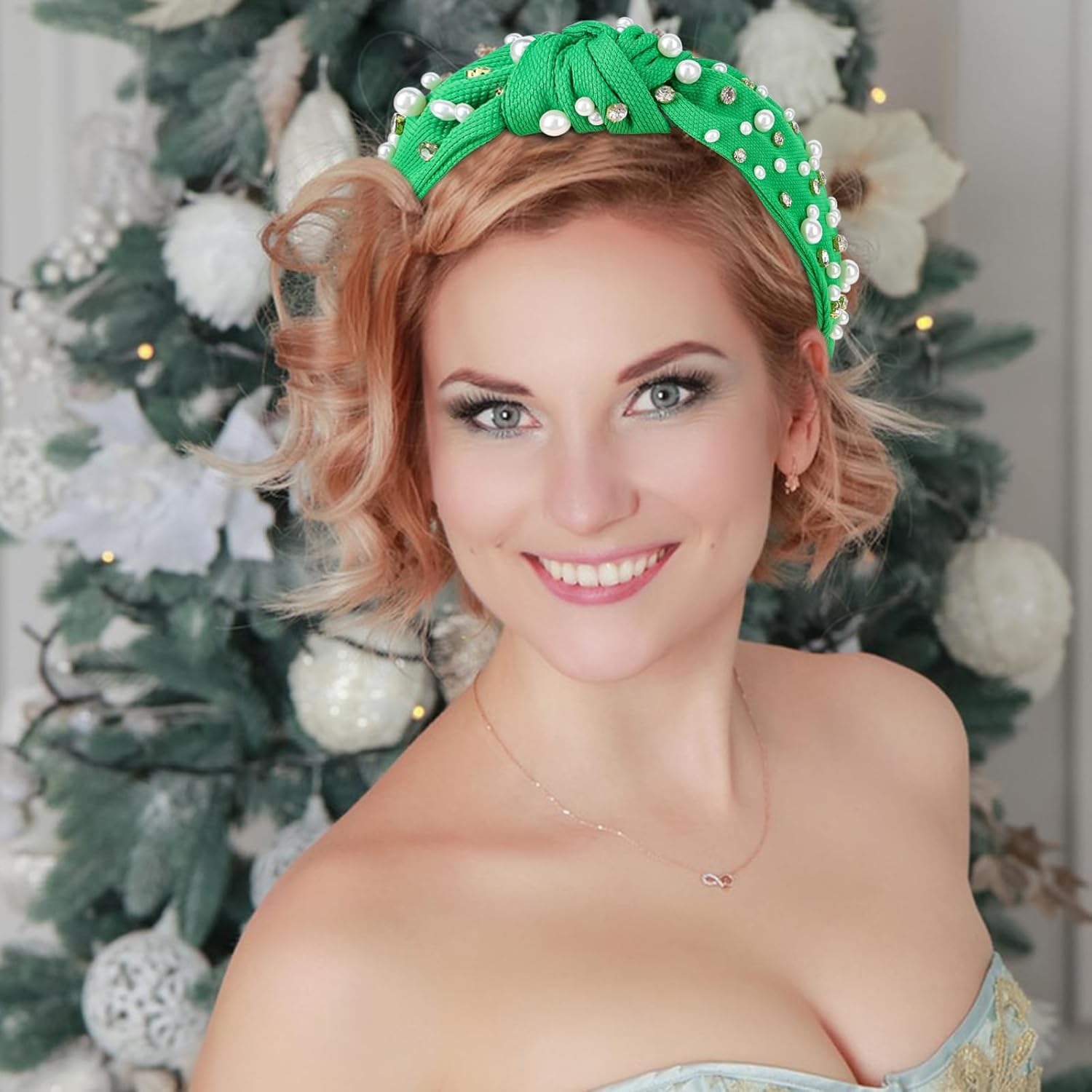 Jaciya Diademas de perlas para niñas, diademas de diamantes de imitación para mujer, diadema ancha anudada verde para mujer, diadema con cuentas