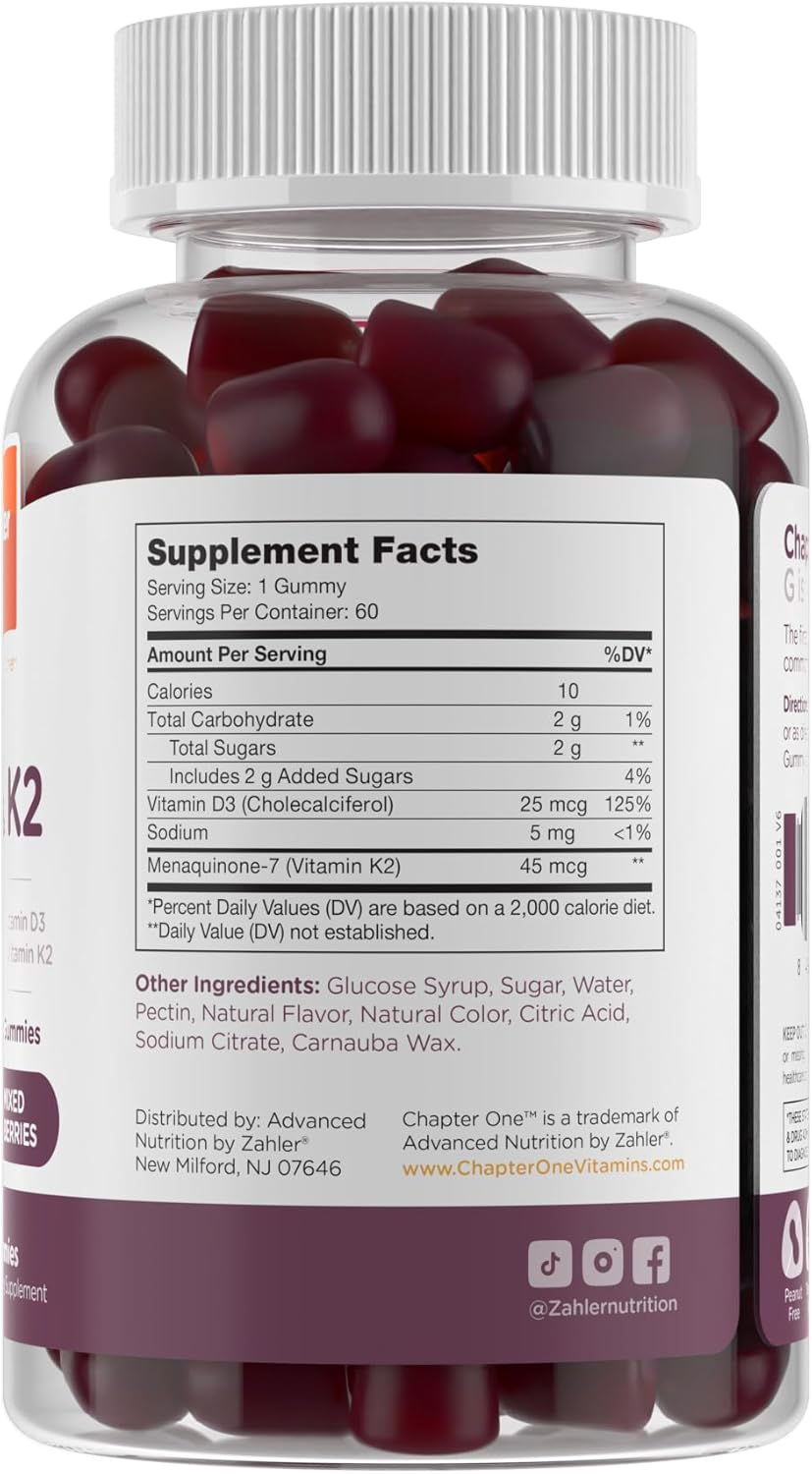 Zahler Chapter One – Gomitas de vitamina D3 K2, contienen 1000 UI de vitamina D3 y 45 MCG de suplemento de gomitas de vitamina K2, D3 y K2, Kosher,