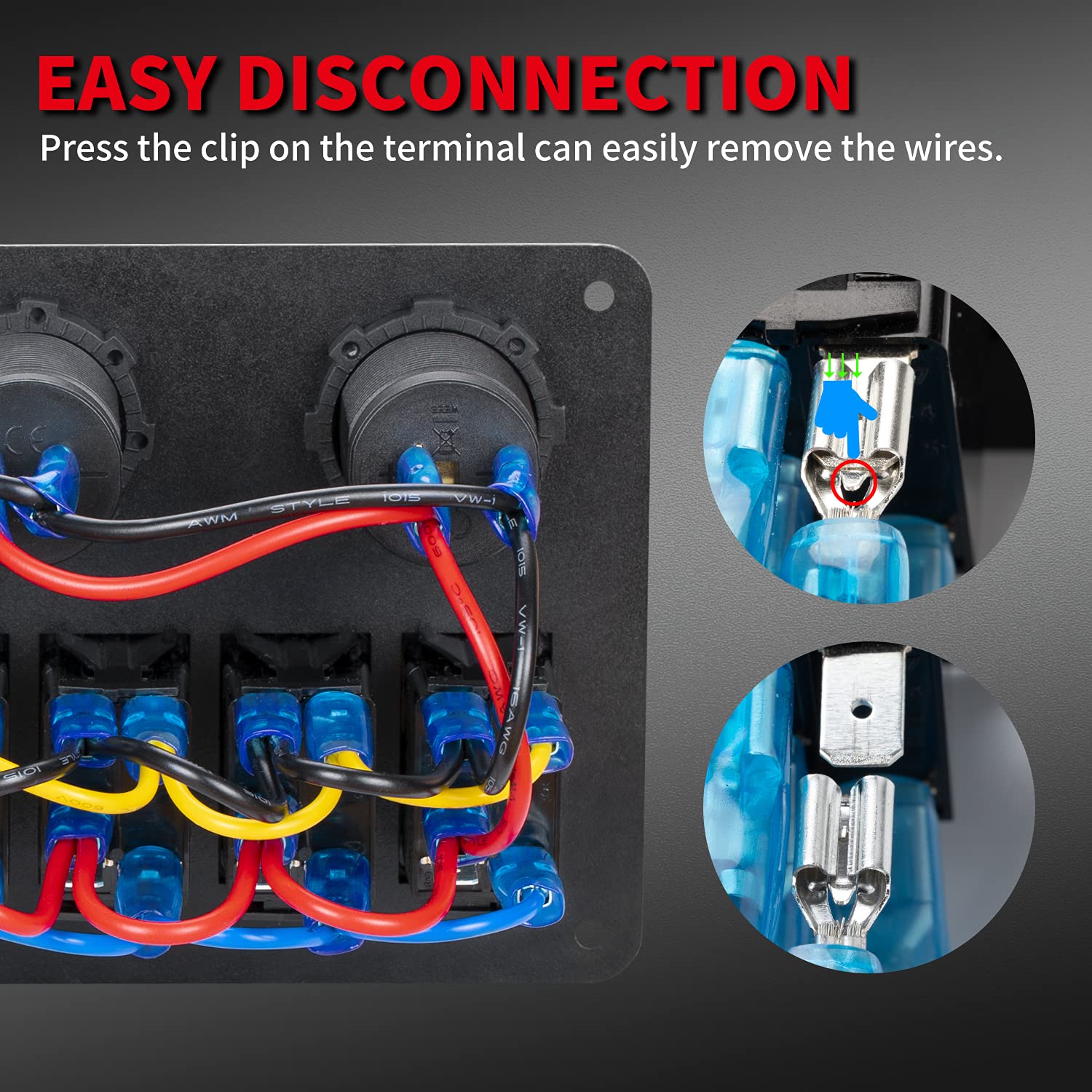 DaierTek Panel de interruptor basculante marino de 6 cuadras, 12 voltios con encendedor de cigarrillos USB, voltímetro + bloque de fusibles de 12 V,
