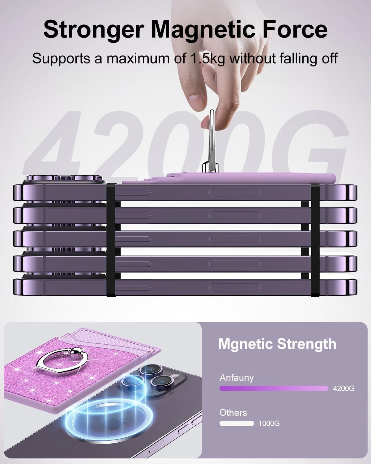 MagSafe – Cartera magnética de cuero para teléfono celular, tarjetero con anillo de rotación de 360, bloqueo RFID, 2 anillos de metal compatibles