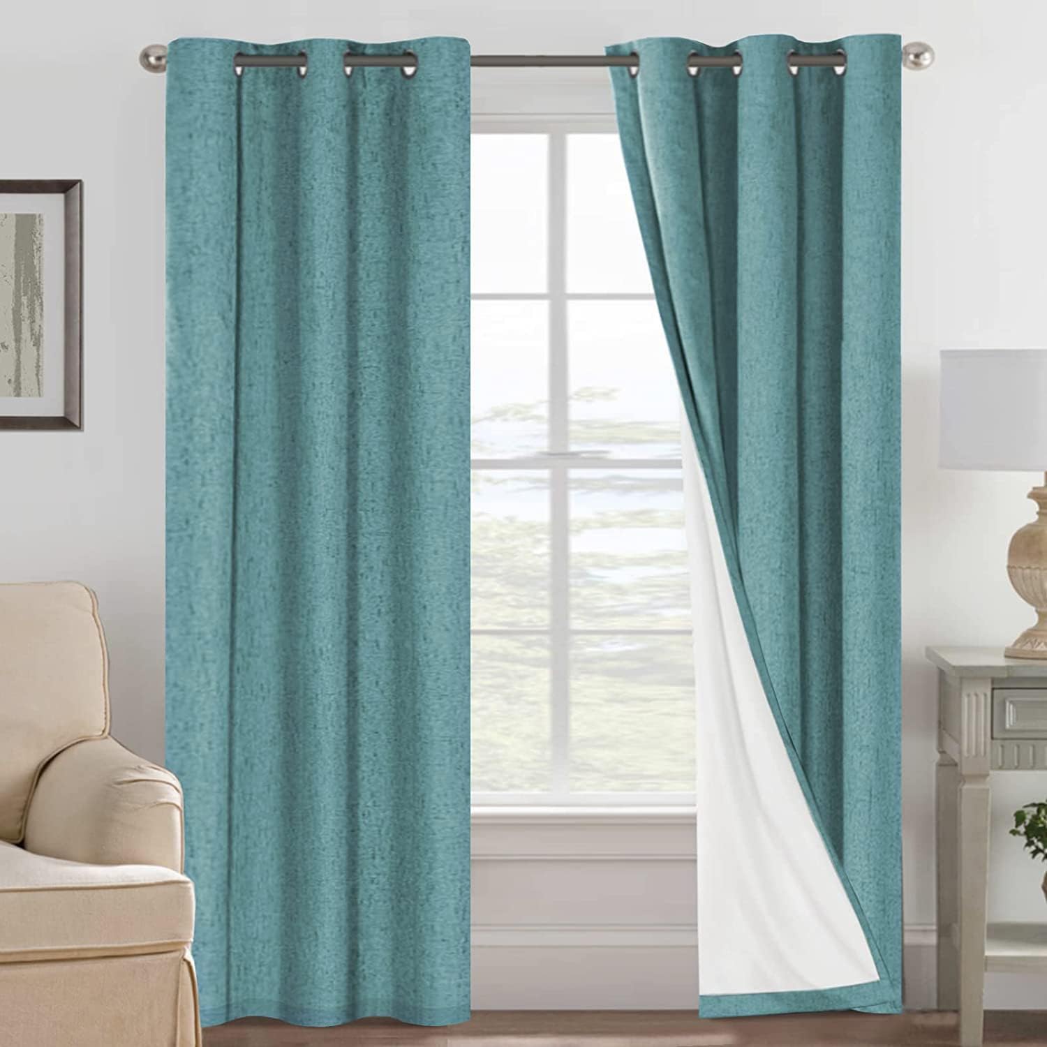 H.VERSAILTEX Primitive – Cortinas de lino 100 % opacas, cortinas de tela de arpillera con forro aislante térmico blanco, cortinas con ojales en la