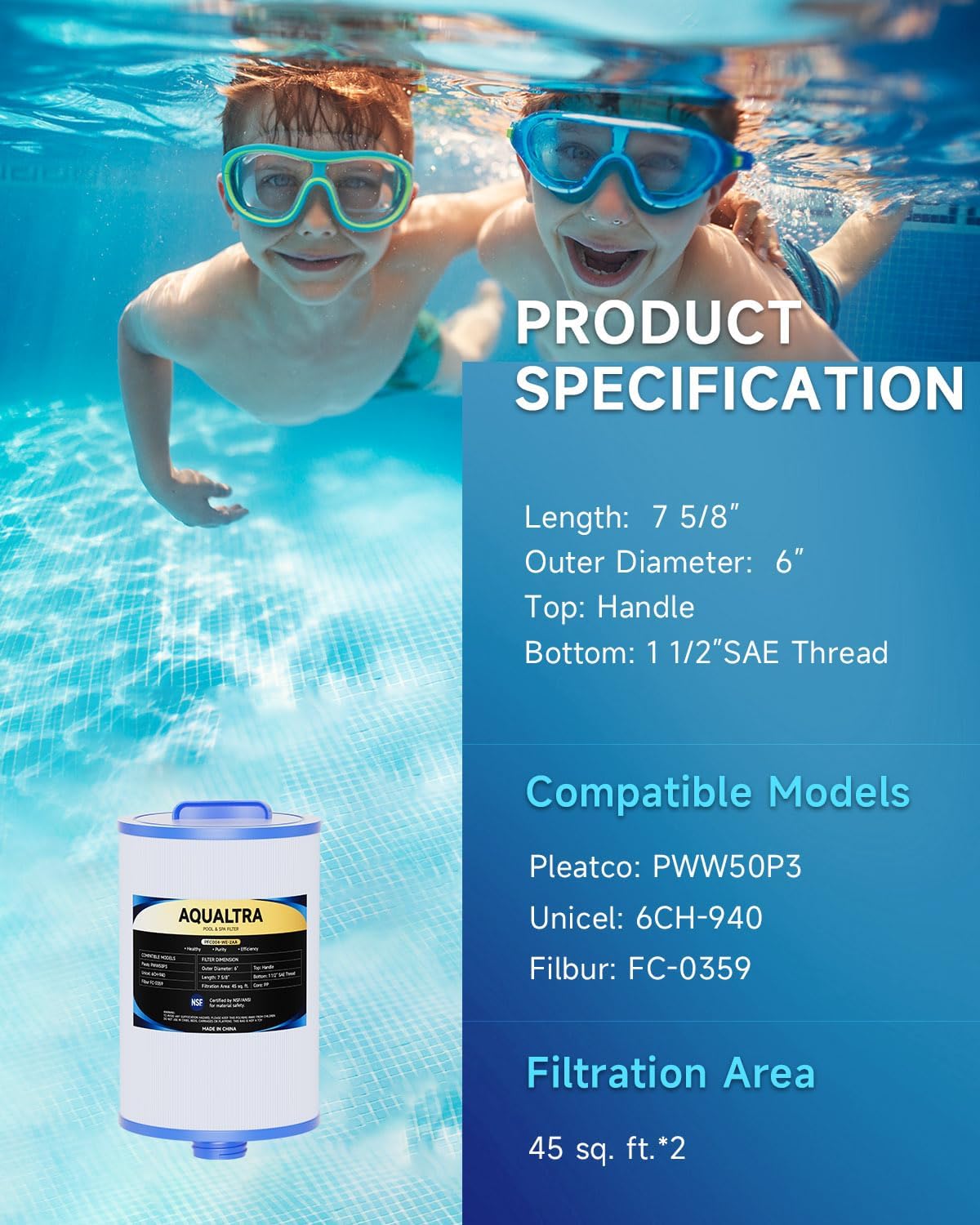 Filtro de spa reemplaza Pleatco PWW50P3 (rosca gruesa de 1 12 pulgadas), Unicel 6CH-940, Filbur FC-0359, Waterways 817-0050, filtro de rosca SAE