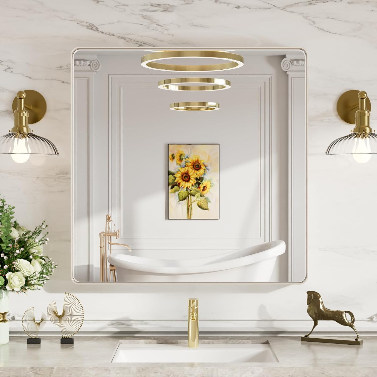 LOAAO Espejo de baño de níquel cepillado de 36 x 36 pulgadas, espejo rectangular redondeado con marco de metal plateado, níquel cepillado,