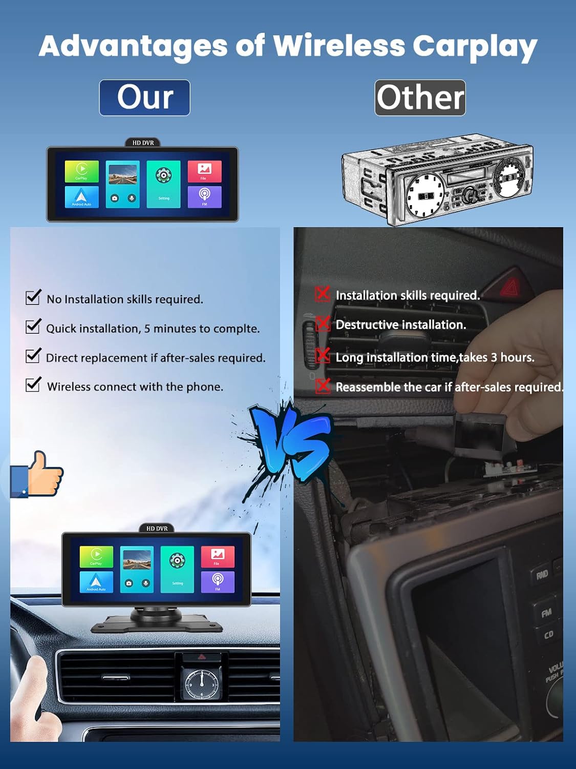 Pantalla Apple Carplay de 10.26 pulgadas con cámara frontal 4K y cámara trasera de 1080P, pantalla Hikity portátil inalámbrica Android Auto para