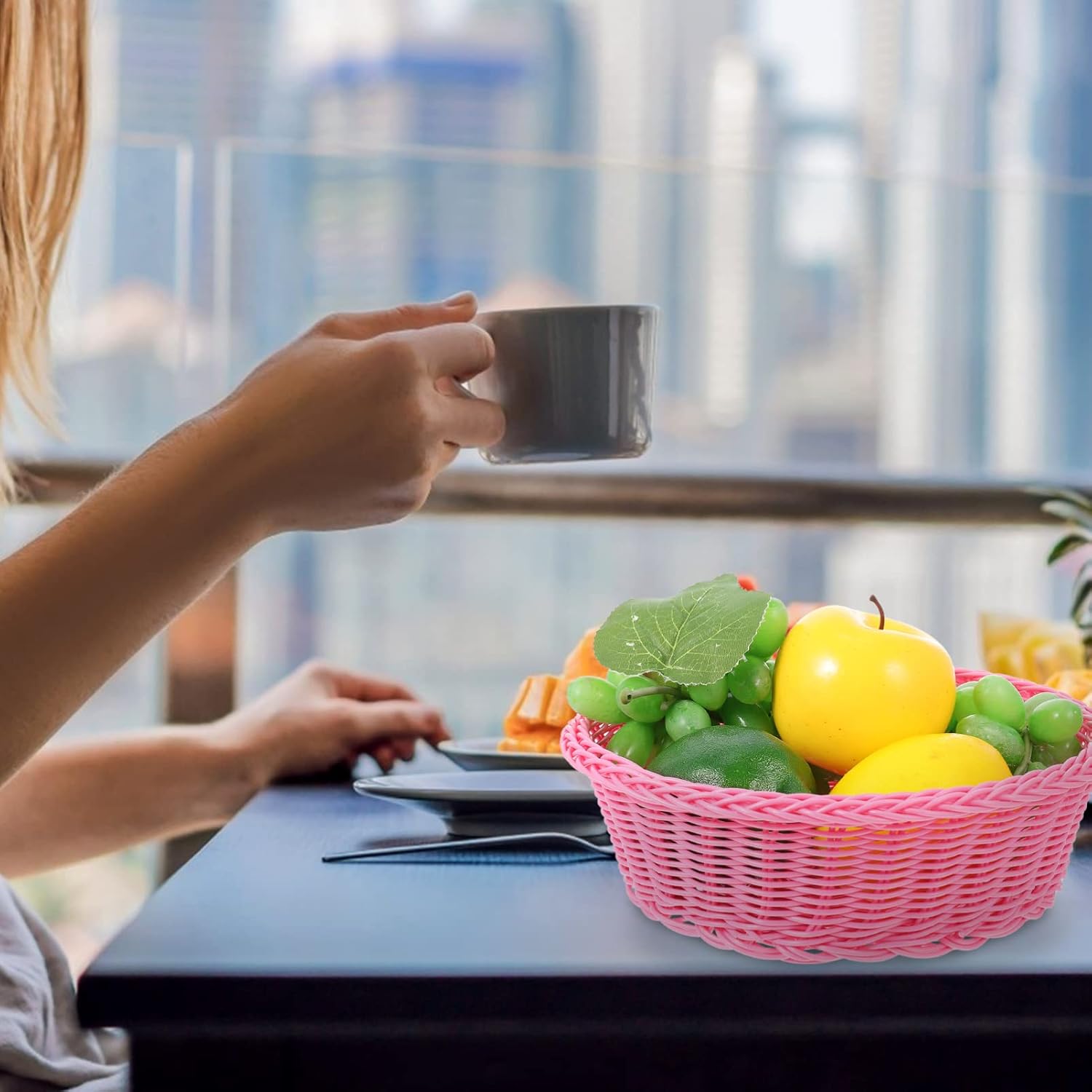 FOMIYES Organizador de frutas, cesta de almacenamiento de ratán, cesta de frutas de cocina, bandeja de almacenamiento tejida a mano, cesta de