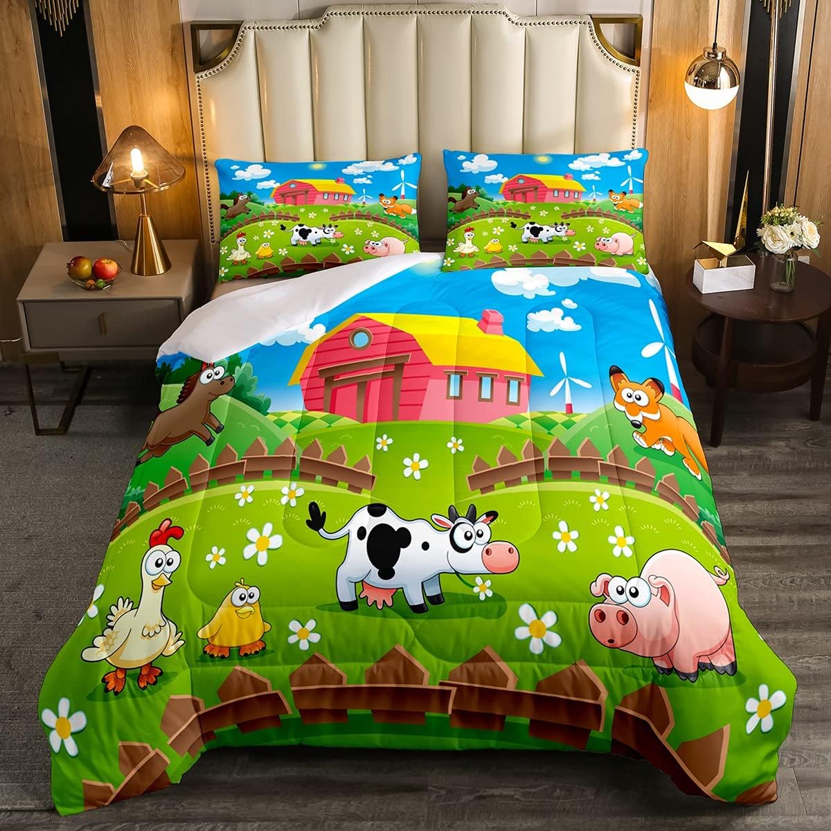 Juego de ropa de cama de animales de dibujos animados, juego de edredón de granja feliz para niños y niñas, pollo, pato, leche, vaca, cerdo, edredón