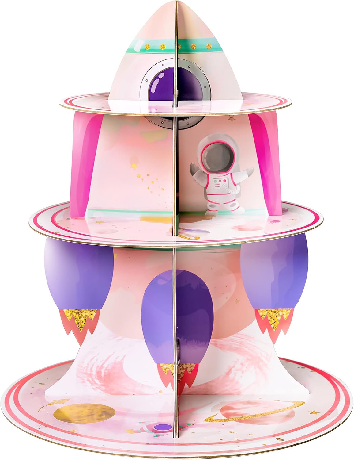 ANGOLIO Soporte para cupcakes de 3 niveles para el espacio exterior, suministros de fiesta para niños, decoración de fiesta de cumpleaños, temática