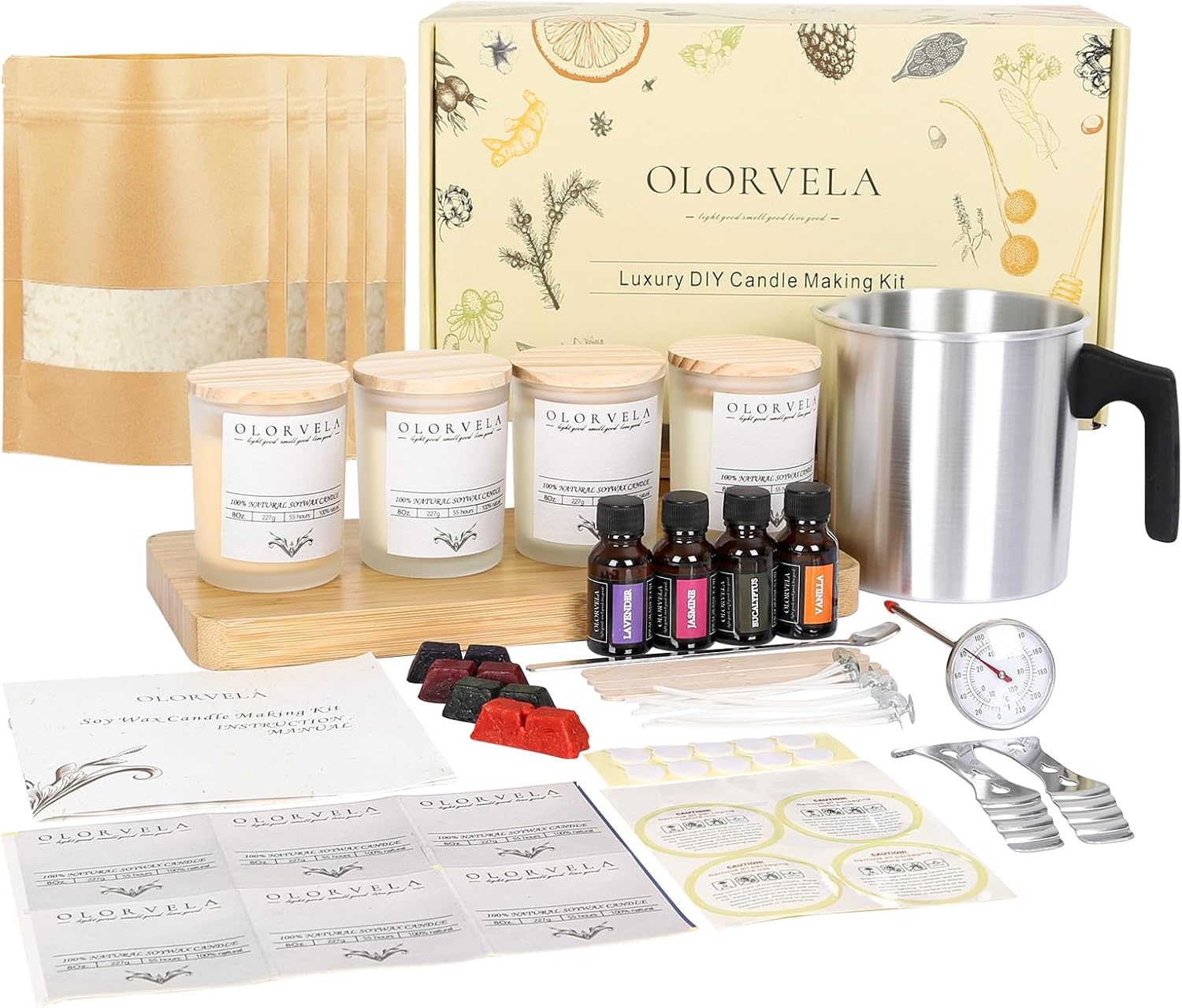 olorvela Kit de fabricación de velas para adultos principiantes kit de suministros de fabricación de velas con cera de soja, 4 tarros de vidrio y