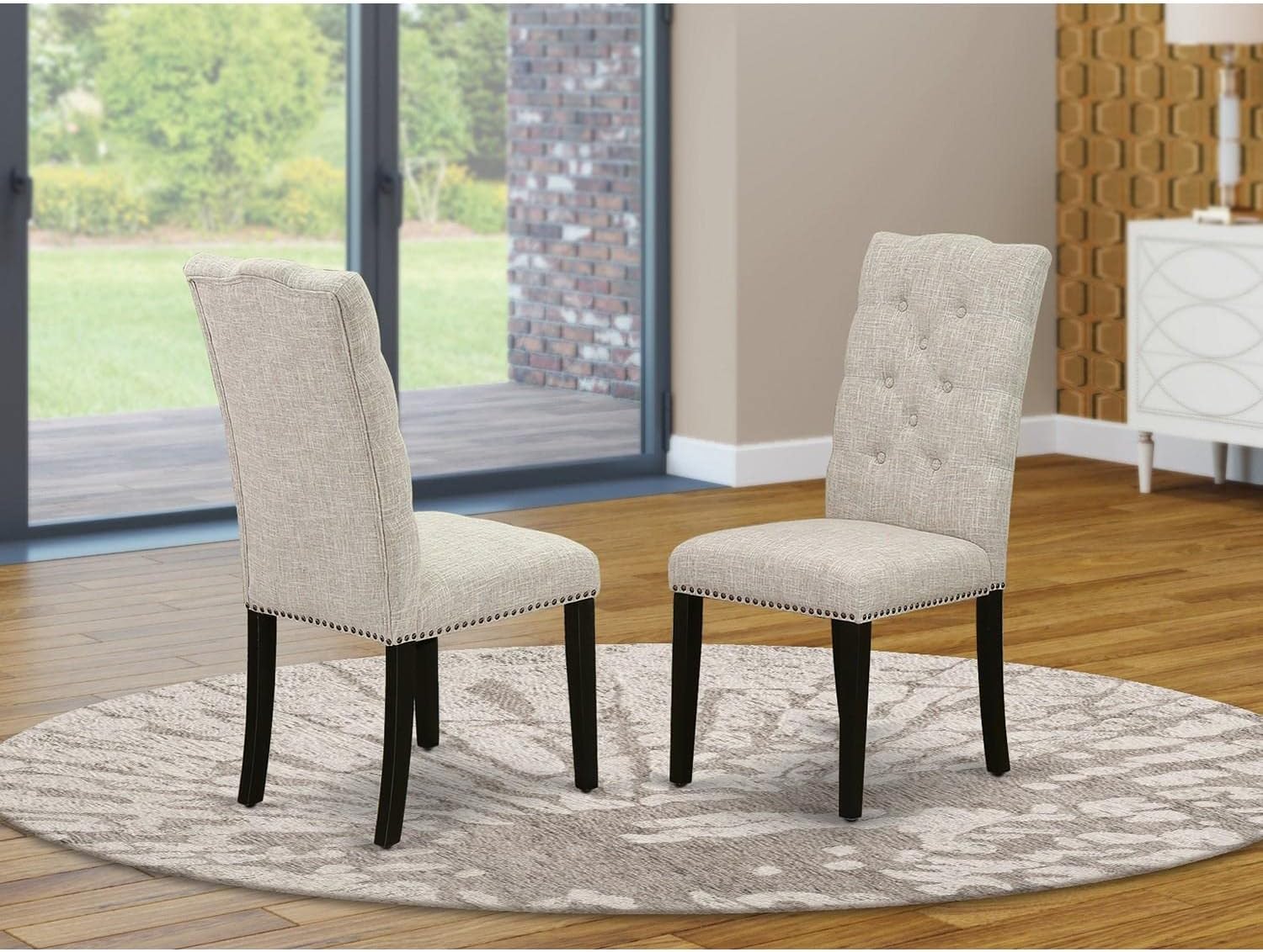 East West Furniture ELP6T35 Elsa Parson – Juego de 2 sillas acolchadas de tela de lino con ribete de clavos y botones copetudos, color negro