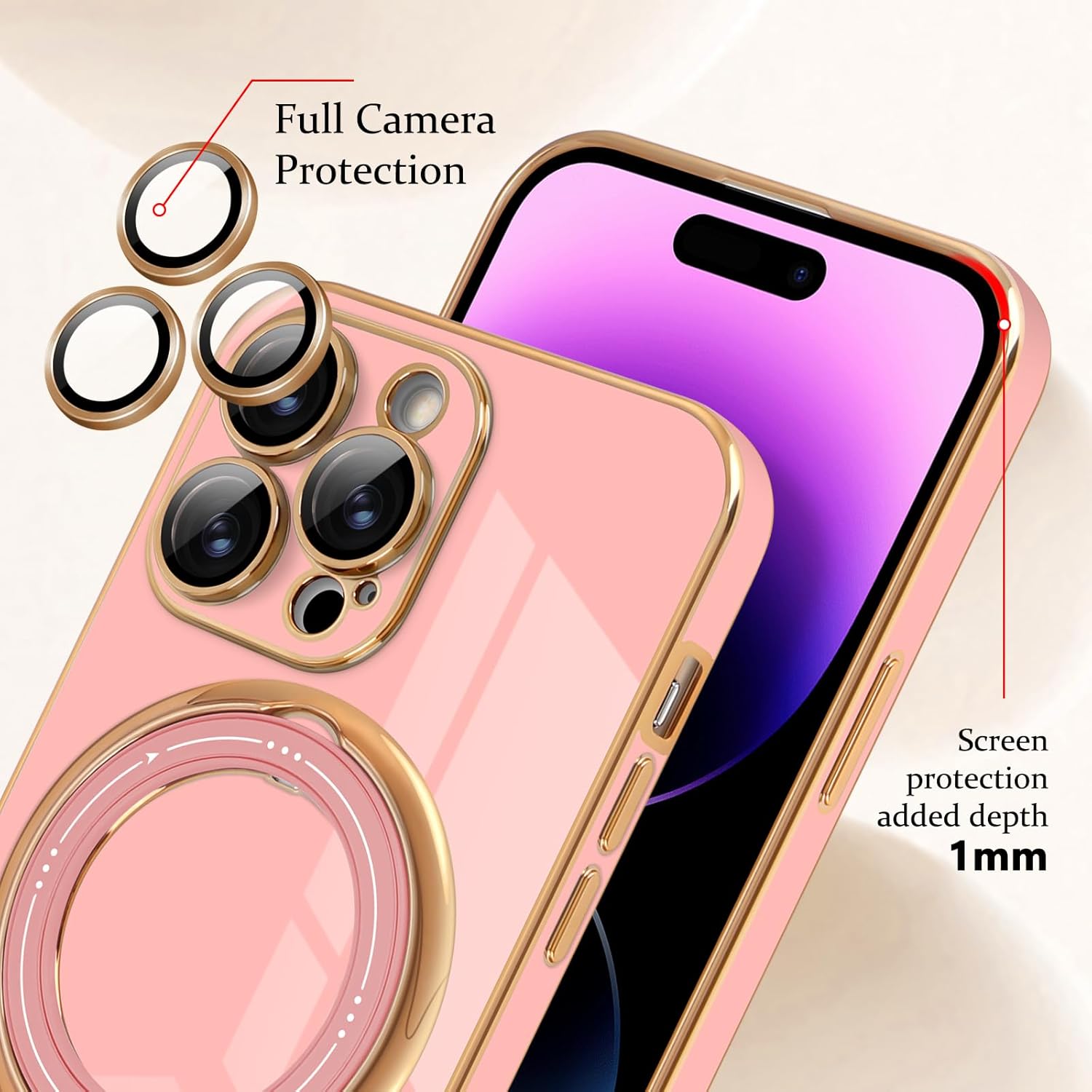Newseego Funda para iPhone 14 Pro Max, funda de lujo con borde chapado con soporte magnético giratorio de 360 invisible para mujeres, niñas y