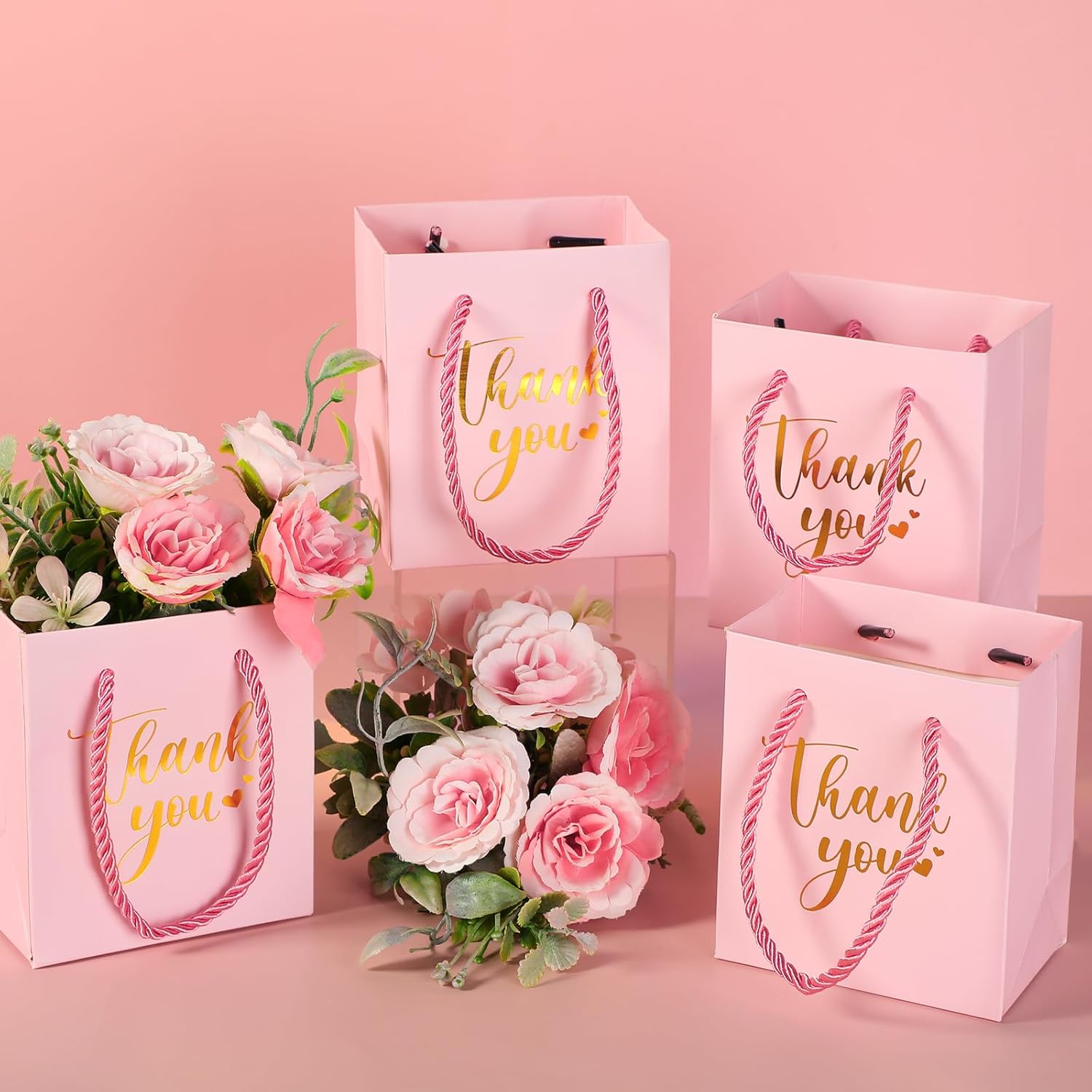 60 bolsas pequeñas de regalo de agradecimiento con asas de 4 x 2.75 x 4.5 pulgadas, papel de aluminio dorado para fiesta de agradecimiento de