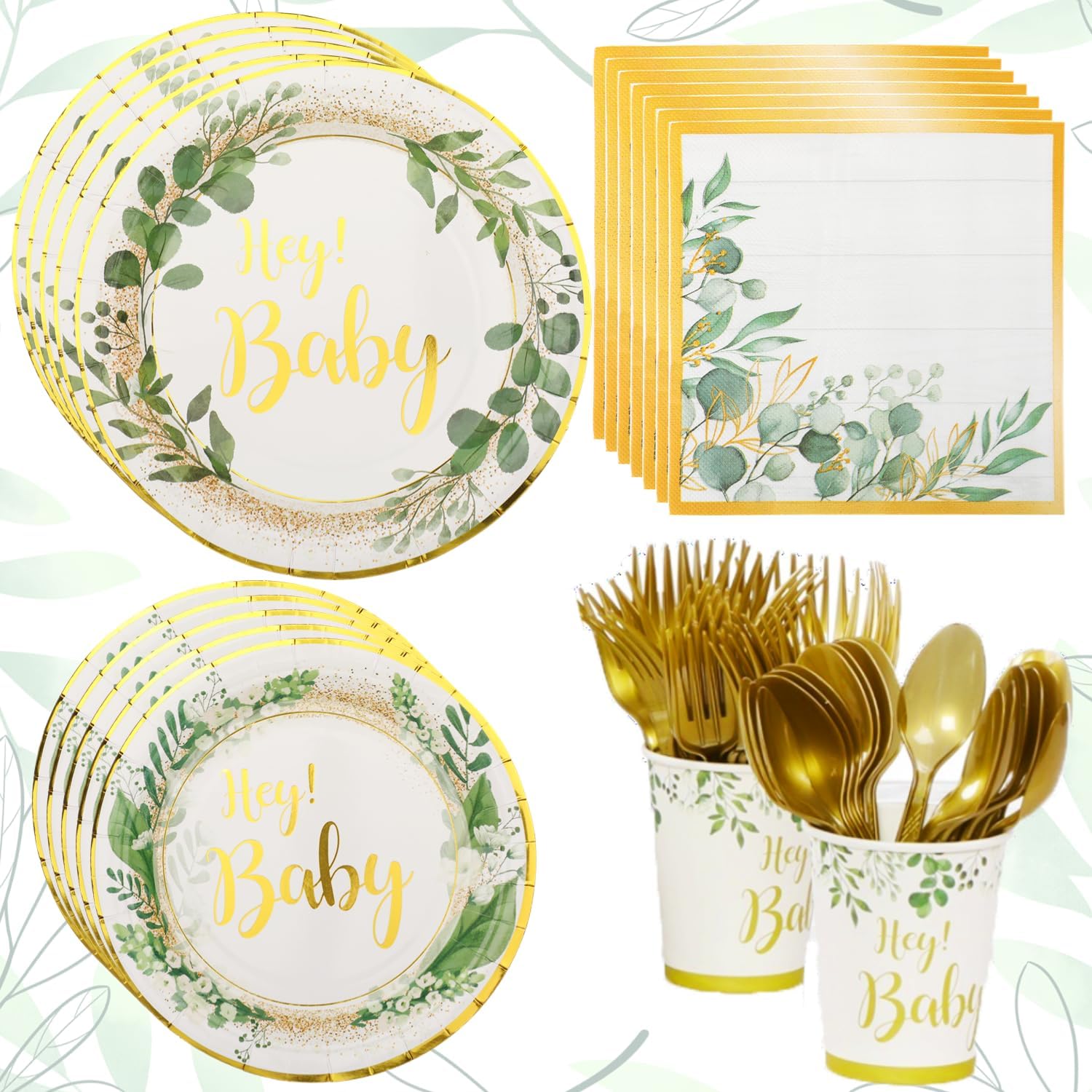 151 piezas de suministros para fiesta de baby shower, tazas de papel verde, platos, servilletas, cubiertos, kit para 25, decoración de vajilla