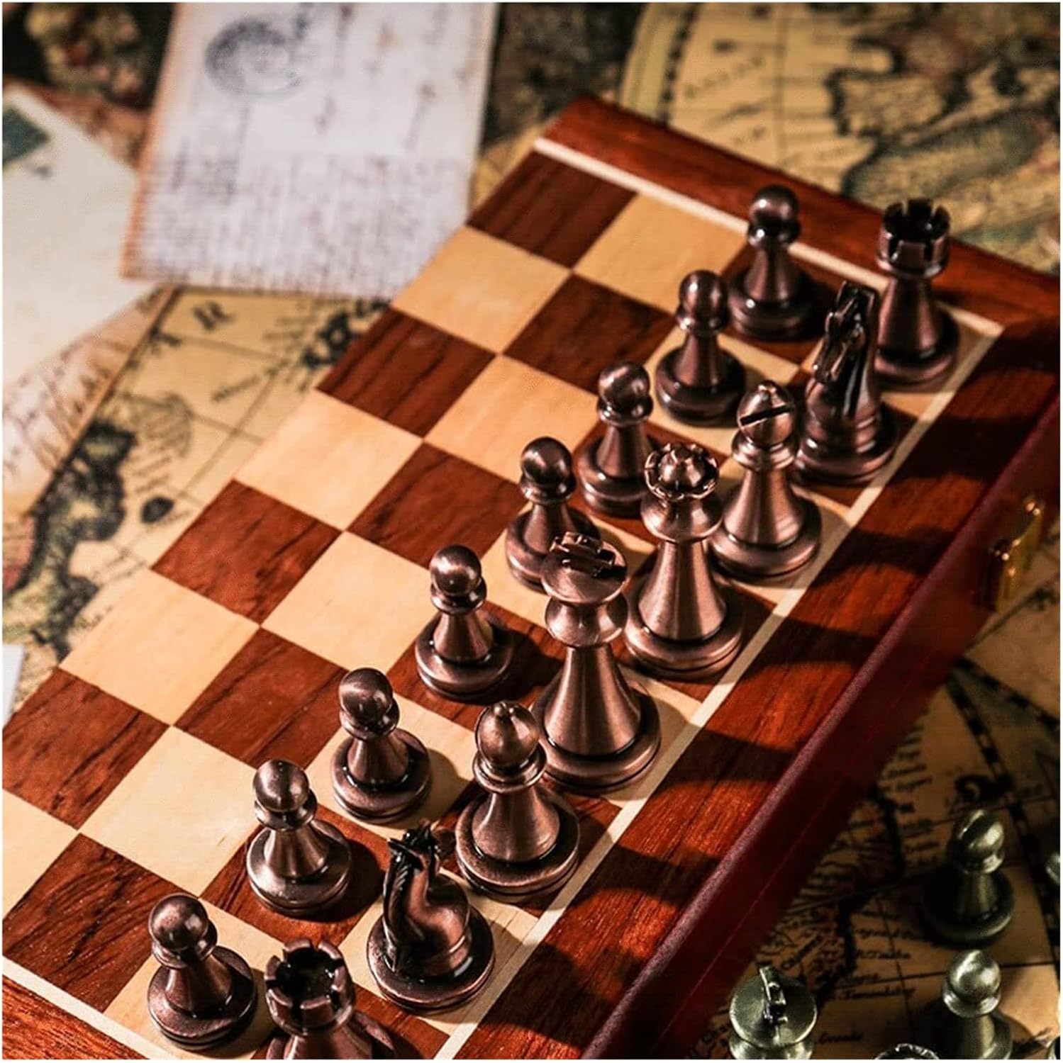 ROLTIN Juego de ajedrez de metal para adultos de 20 x 20 pulgadas, juego de ajedrez de viaje con tablero plegable de ajedrez de madera, juego de
