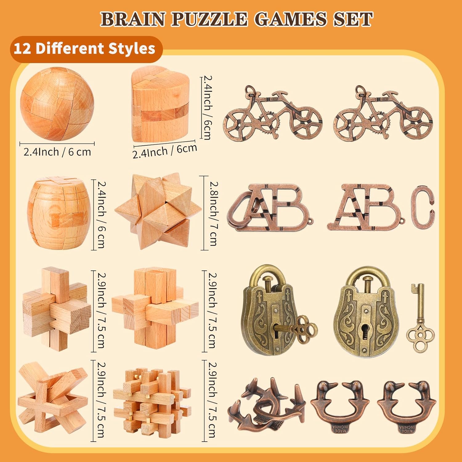 Liliful Paquete de 12 rompecabezas de madera para el cerebro para niños, niñas y adultos, desbloqueo 3D, rompecabezas de madera, rompecabezas de