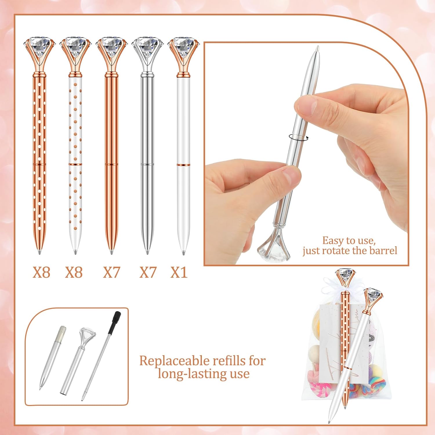 Juego de 91 bolígrafos de diamante para despedida de soltera, incluye 31 bolígrafos de cristal de boda, 30 bolsas de organza, 30 tarjetas elegantes,
