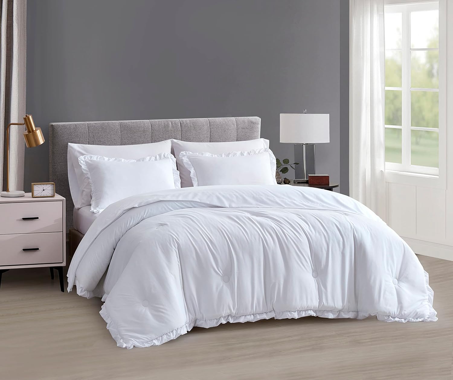 Chezmoi Collection Eleanora – Juego de cama Queen en una bolsa, 7 piezas con ribete de volantes, suave lavado, de microfibra de doble cepillado con
