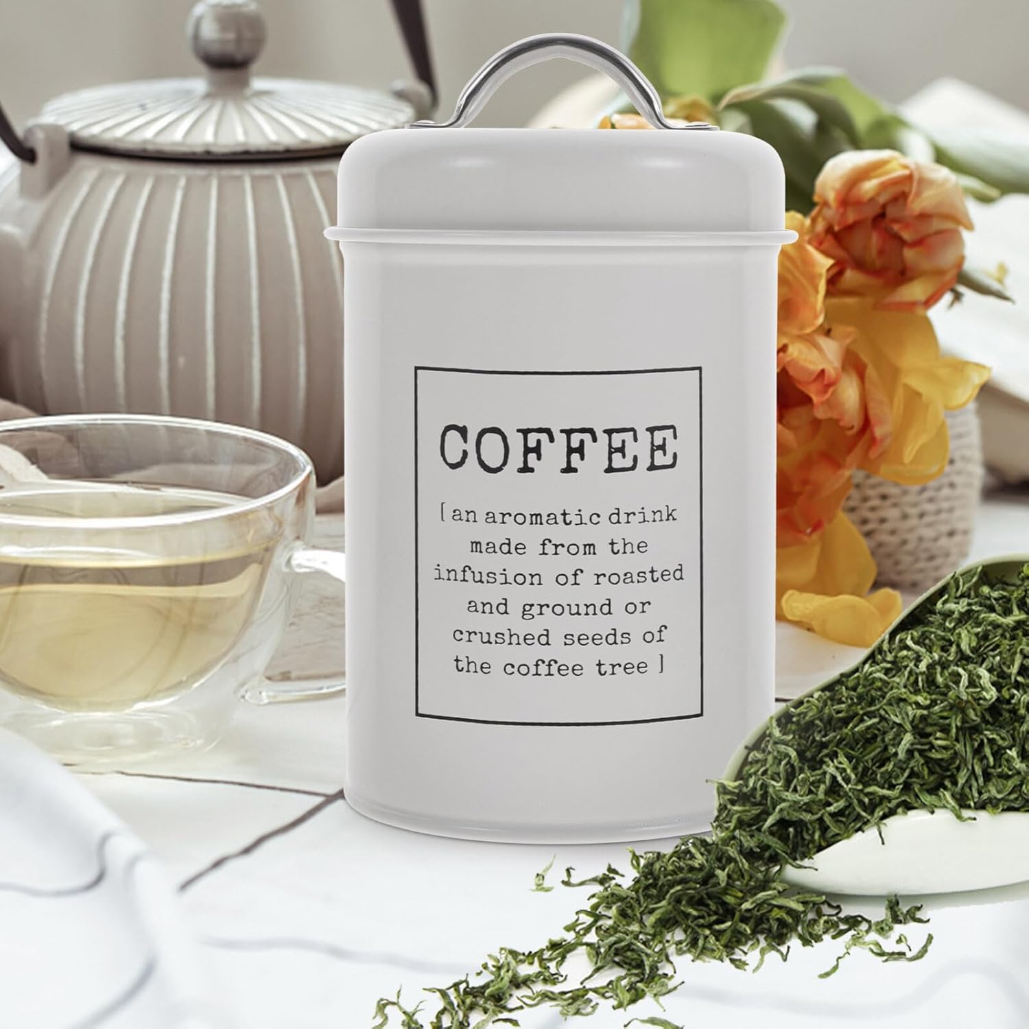 Luxshiny Recipiente de lata de té, café, té, azúcar, harina, recipiente de metal para almacenamiento de alimentos para hojas sueltas, té, café,