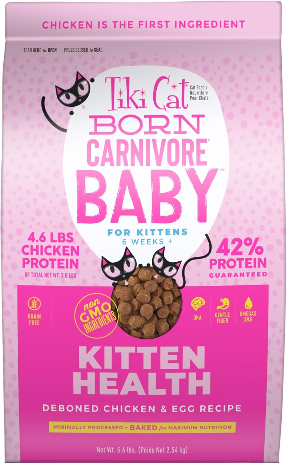 Tiki Cat Born Carnivore Baby, alto en proteínas y sin granos, alimento seco completo y equilibrado para gatos para gatitos de 6 semanas en adelante,