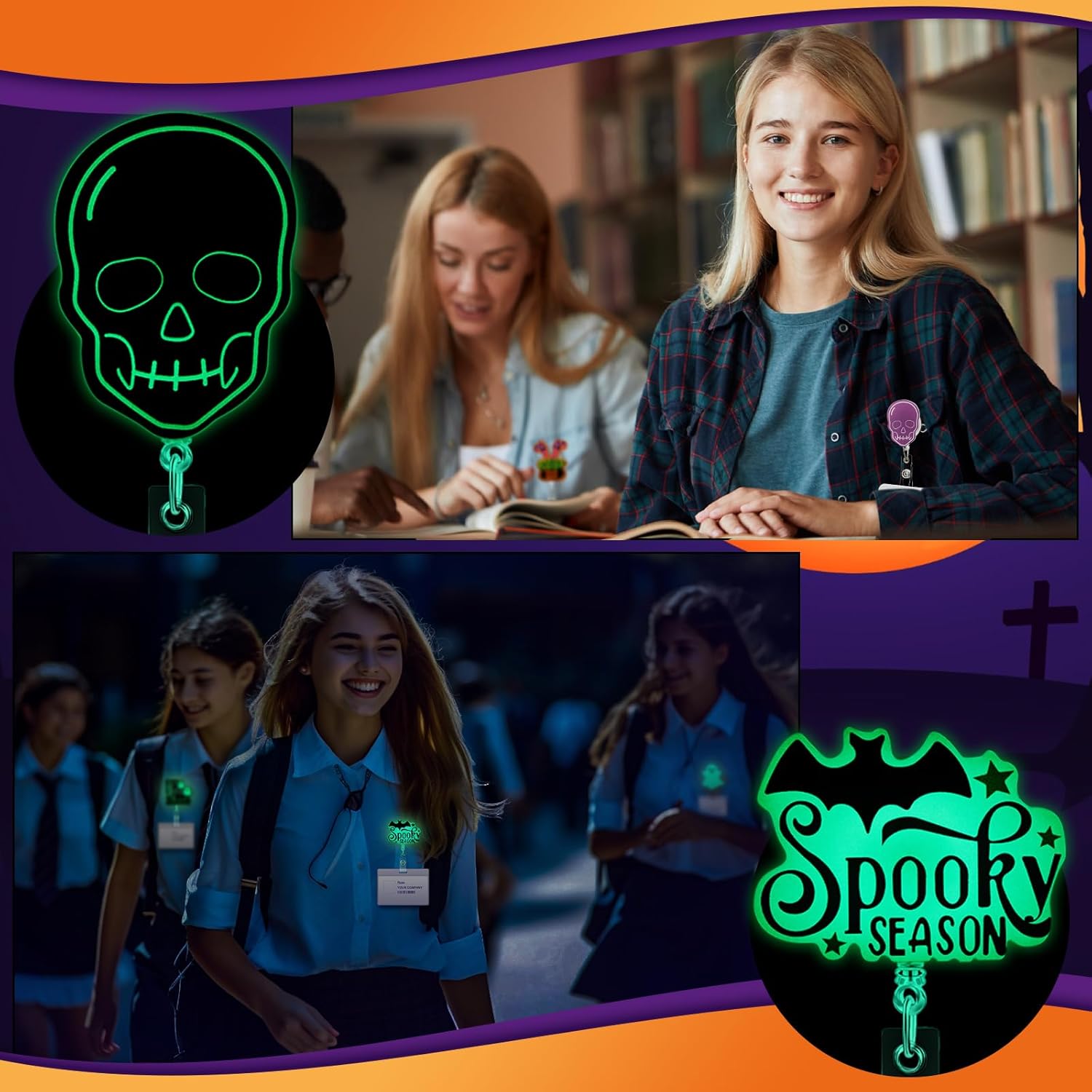 10 carretes de insignias de Halloween que brillan en la oscuridad, carretes retráctiles de Halloween para enfermeras, lindos portatarjetas de