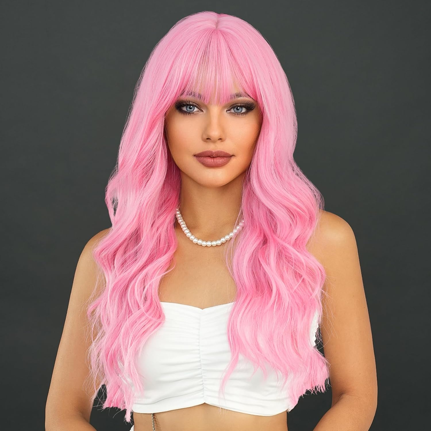 7JHH WIGS Peluca larga ondulada rosa de 24 pulgadas, fibra sintética resistente al calor, rizada, rosa claro, con flequillo, para mujeres y niñas,