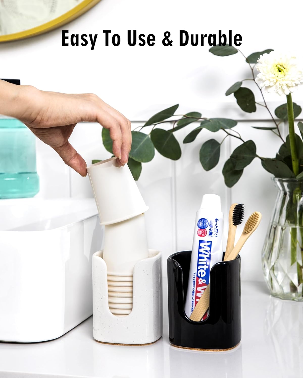 Dispensador de tazas de baño cuadrado de cerámica de 5 onzas para niños y embarazo, soporte de papel desechable para tazas de enjuague bucal en