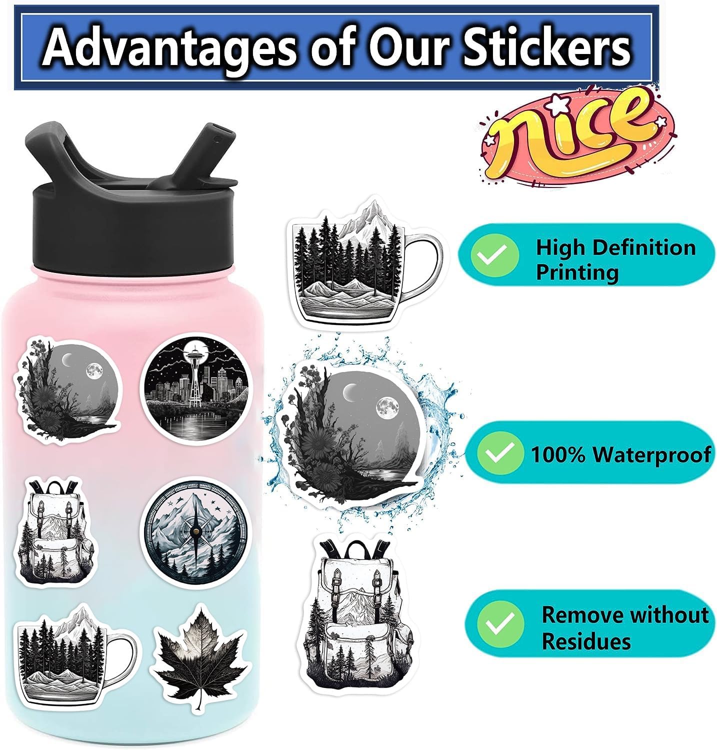 60 calcomanías estéticas para botellas de agua, calcomanías góticas en blanco y negro, para adolescentes, niñas, adultos, calcomanías de naturaleza