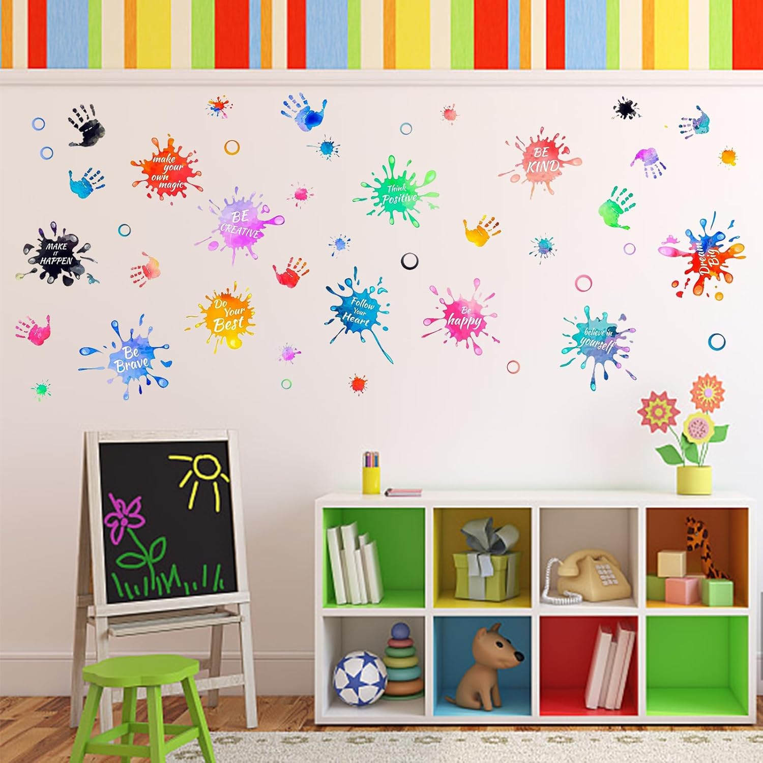 3 hojas coloridas de huellas de manos salpicadas de pintura, citas inspiradoras, calcomanías de pared extraíbles de vinilo para despegar y pegar,