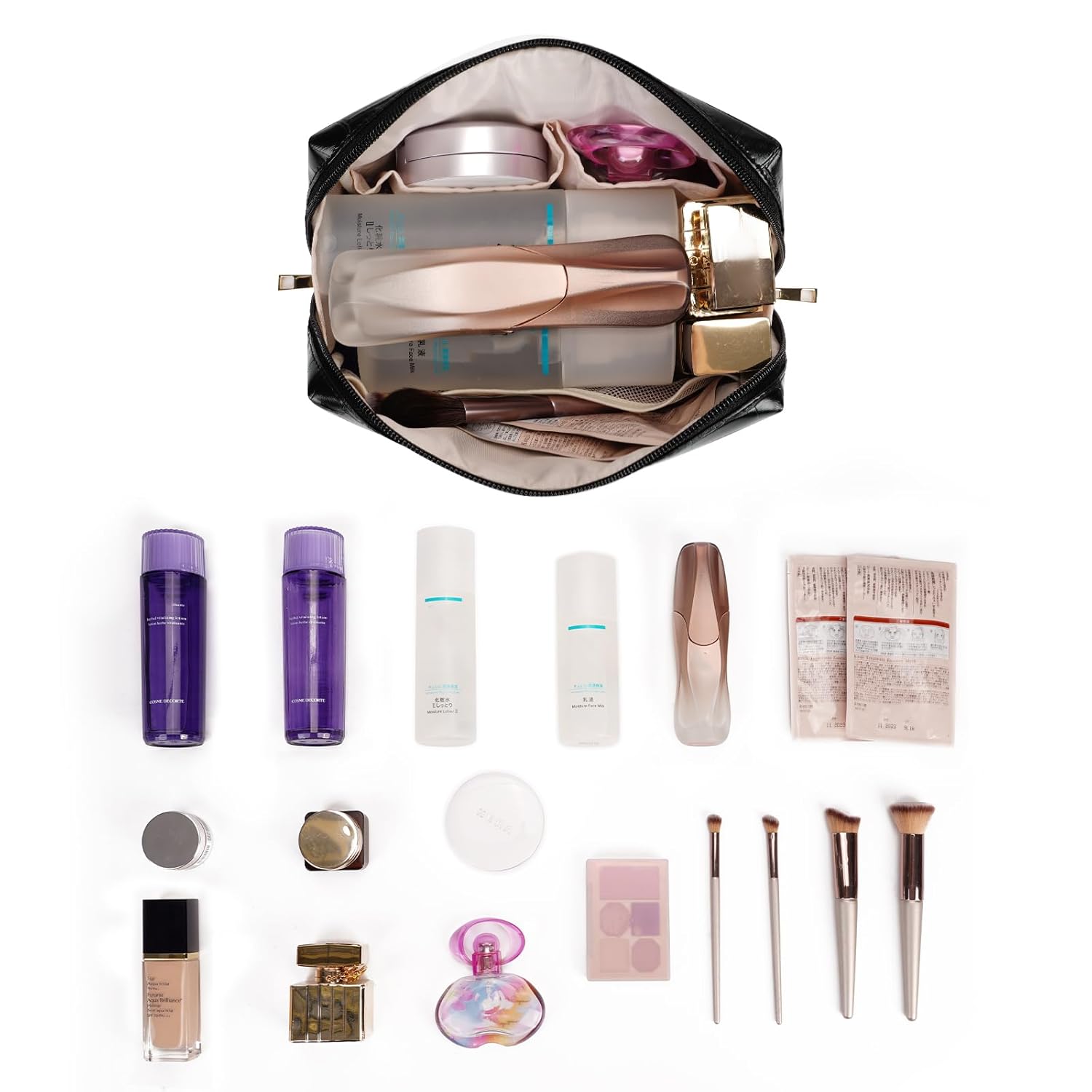 Narwey Bolsa grande de maquillaje de cuero vegano con cremallera, organizador de cosméticos de viaje para mujeres (grande, WX-negro)