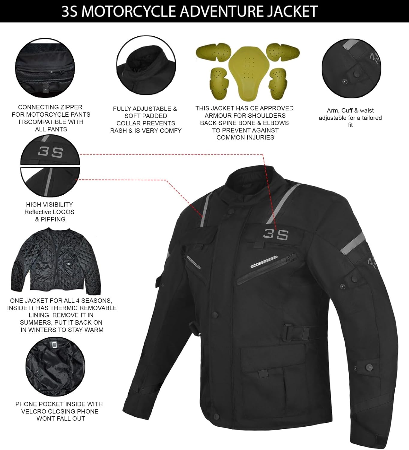 3S Ultimate Adventure – Chaqueta de motocicleta para hombre, armadura CE, impermeable, protección para todas las estaciones para turismo y ciclismo