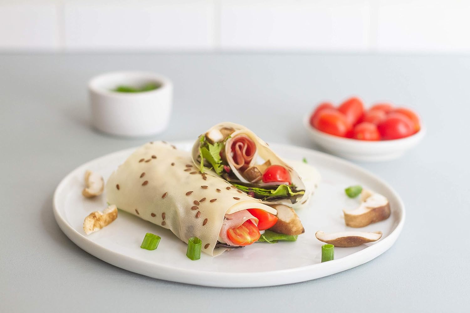 Norigami Envolturas de huevo con proteína de soja, semillas de lino. Altas proteínas, bajas en carbohidratos, vegetarianas. Envolturas finas y