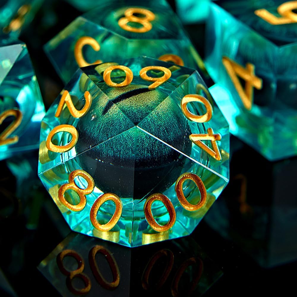 Dragon Eye – Juego de 7 dados para DND, núcleo líquido, juego de dados D&D para juegos TRPG de Calabozos y Dragones, dados giratorios de ojo de