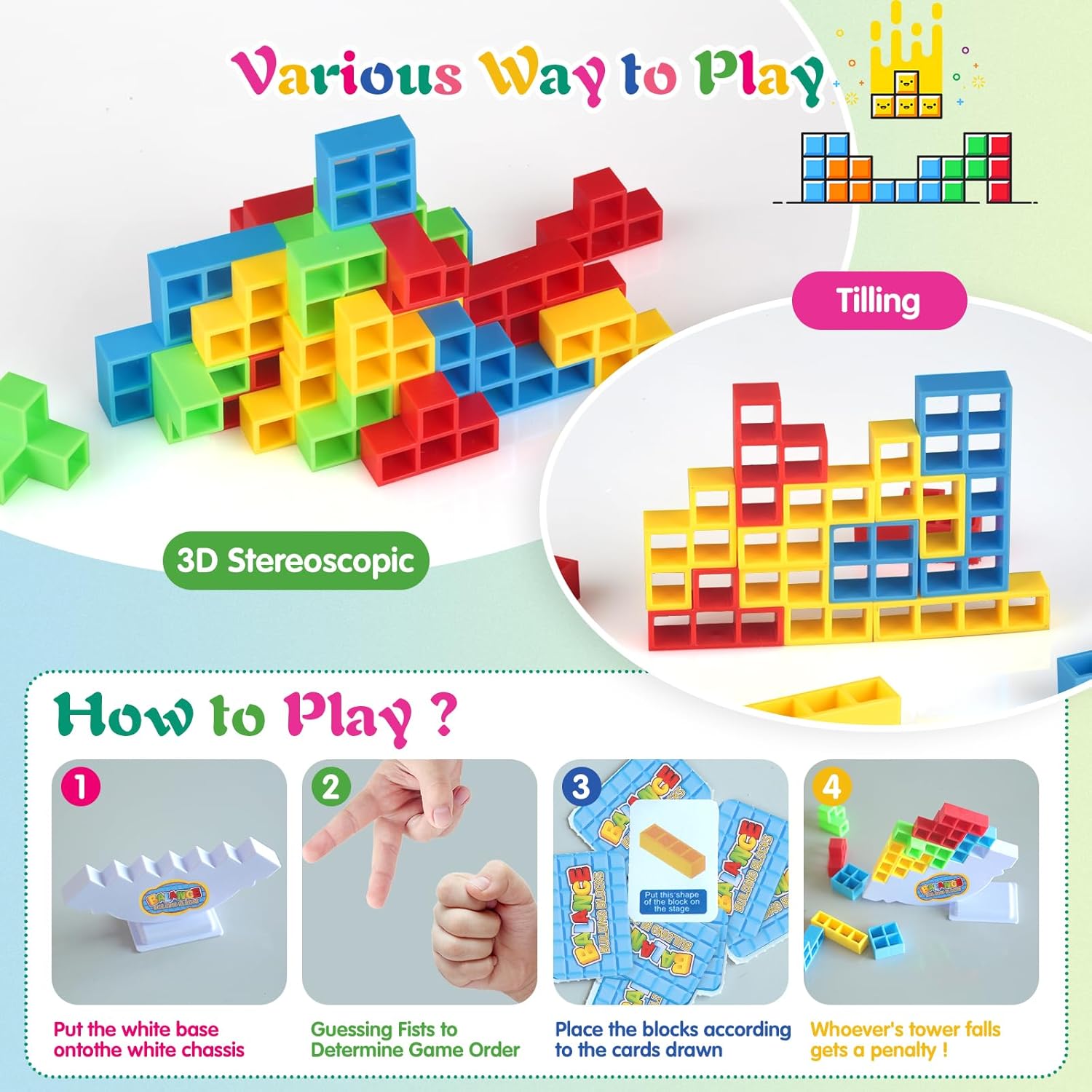 Juego de 64 piezas de Tetra Tower, tablero familiar de ataque pila para 2 jugadores, juegos familiares, bloques de construcción, juegos de