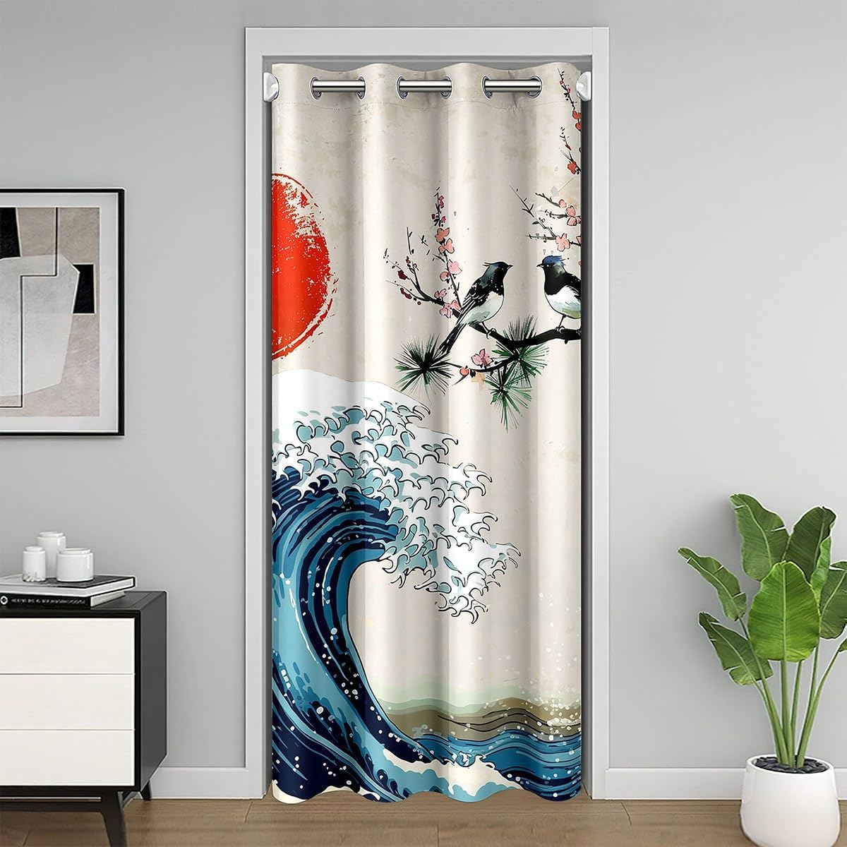 Castle Fairy Ukiyoe – Cortina de puerta con diseño de océano, diseño de árbol con diseño de olas de mar con salida del sol, decoración de
