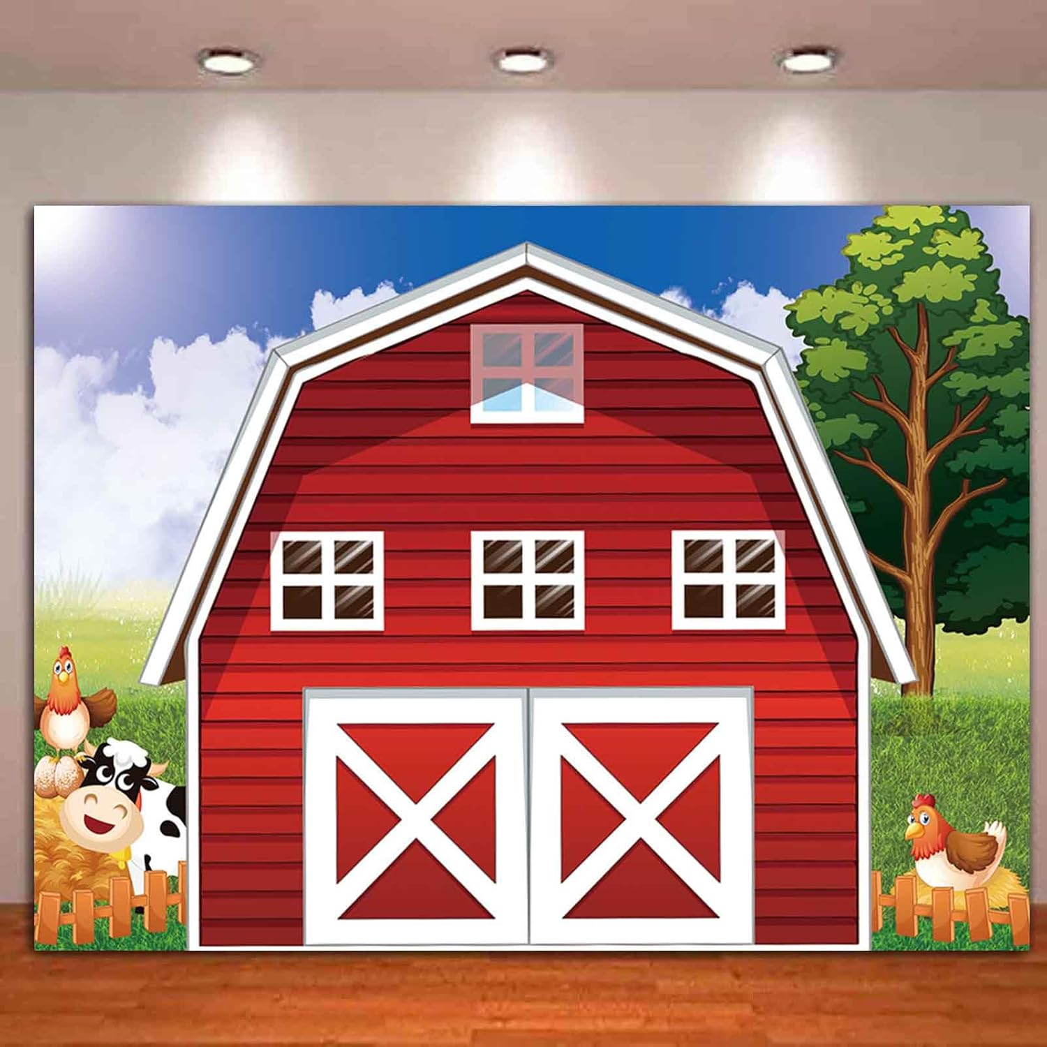 Fondo de fotografía de dibujos animados de animales de granja de animales, fondo de fotos rústico rojo para baby shower, niños recién nacidos,