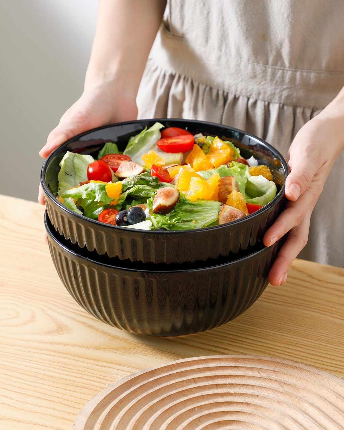 Hasense Juego de 2 cuencos grandes de porcelana de 65 onzas para ensalada de 8 pulgadas para cocina, comedor, elegantes platos de cerámica acanalada